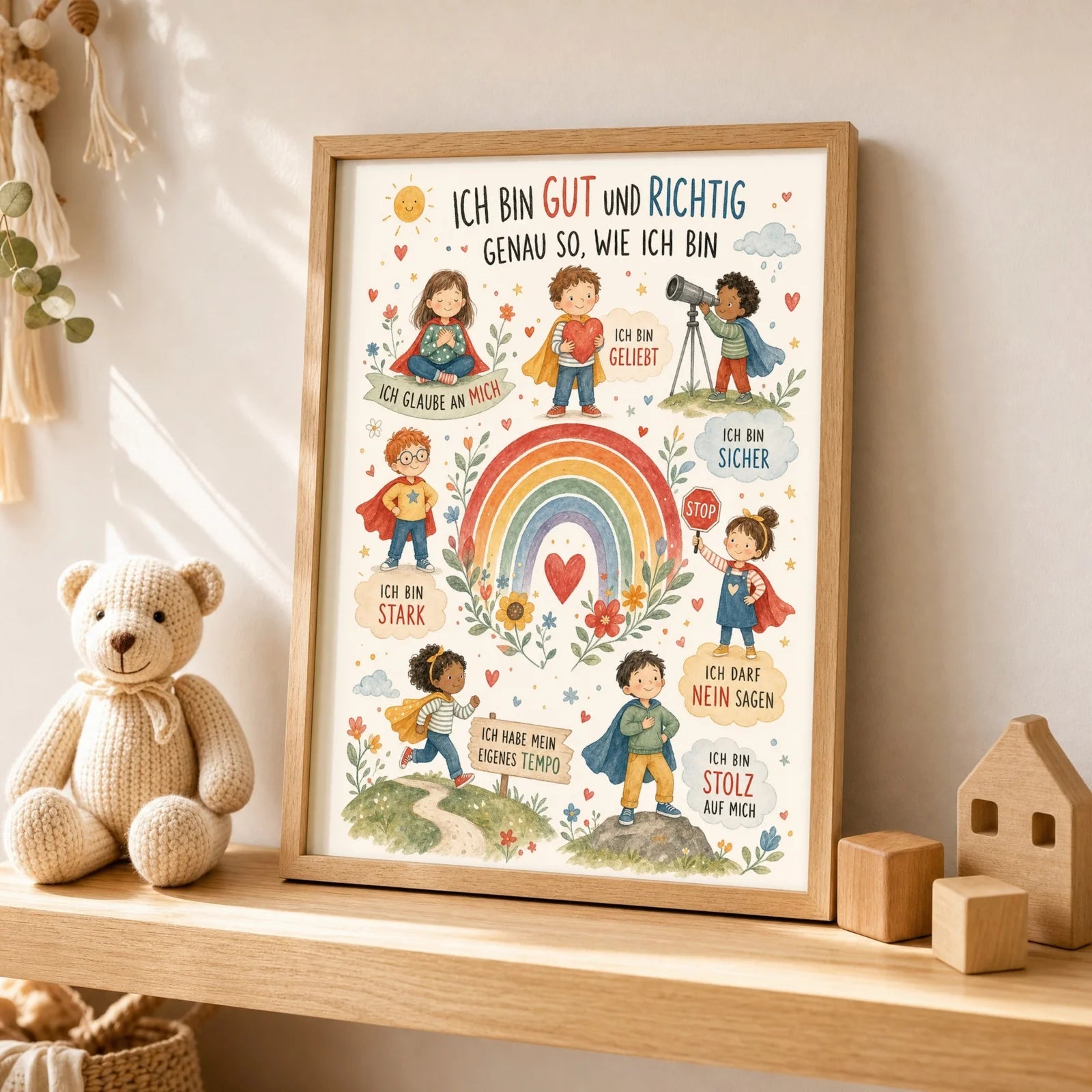 Affirmationsposter Kinderzimmer Wimmelbild Ich bin gut und richtig, als Wandbild über der Spielecke