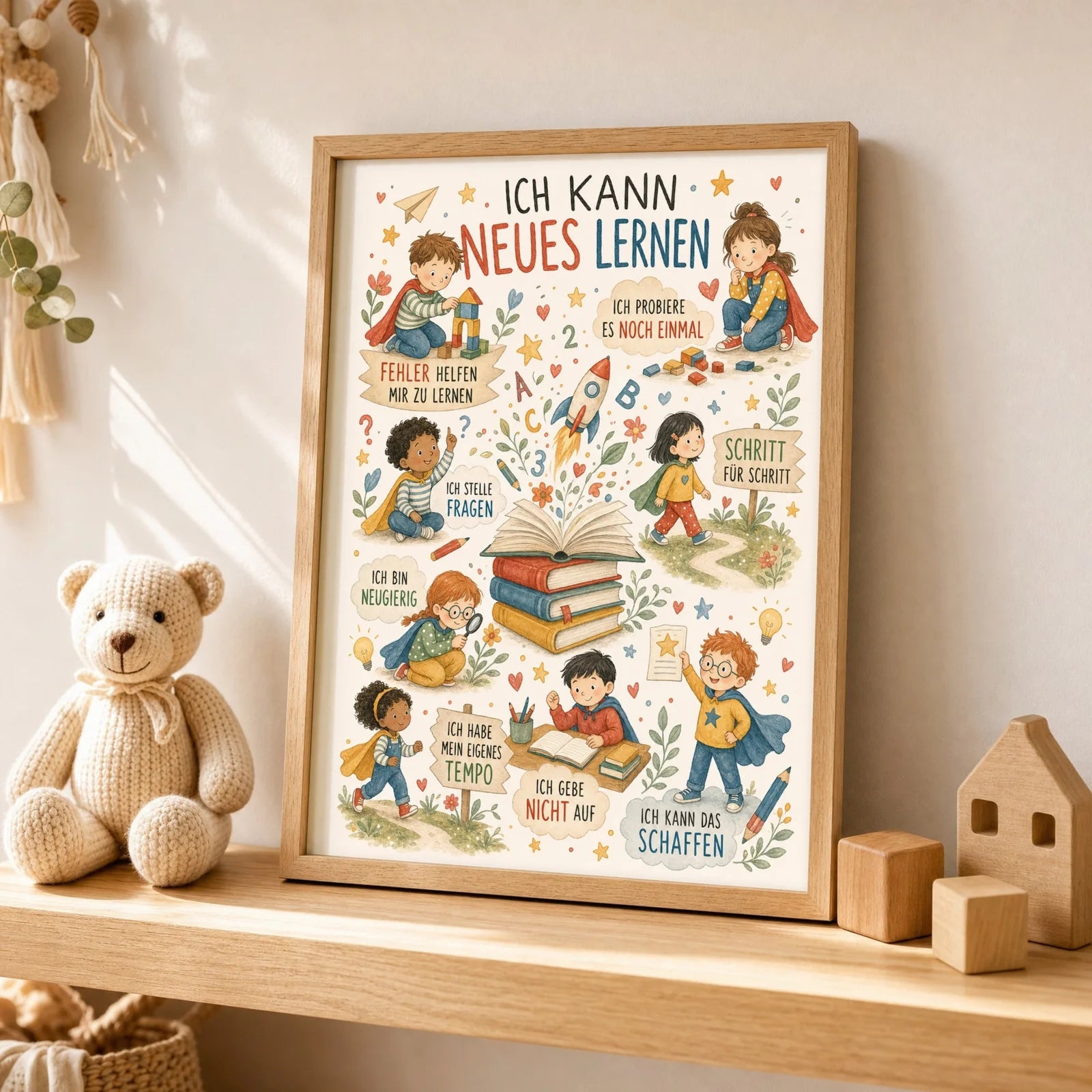 Affirmationsposter Kinderzimmer Wimmelbild Neues lernen, als Wandbild über der Spielecke