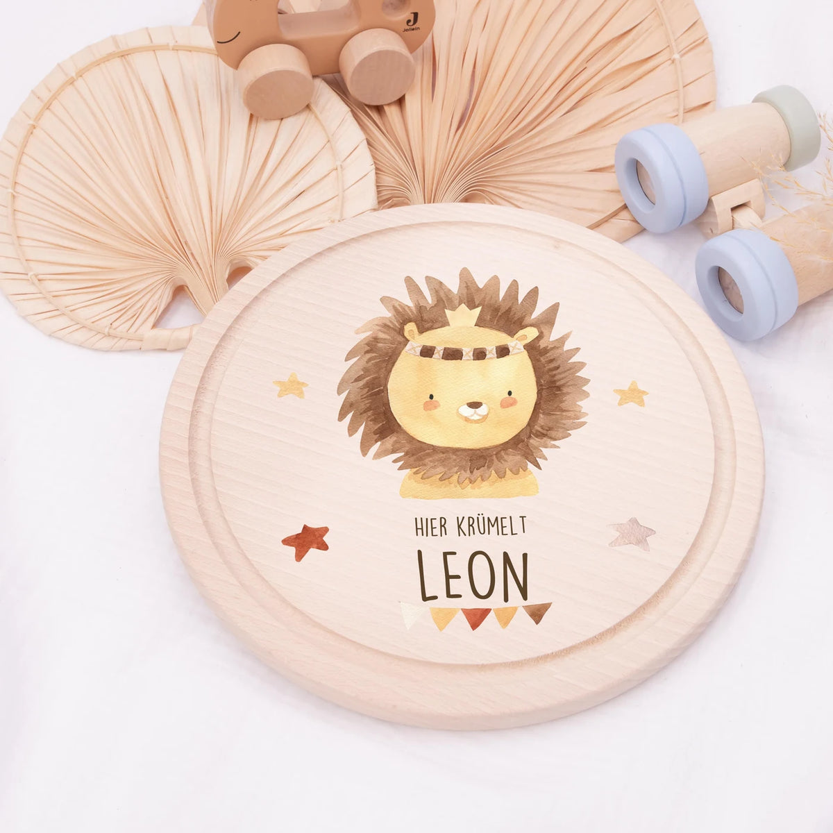 Rundes personalisiertes Frühstücksbrettchen Boho Löwe mit Namen für Kinder