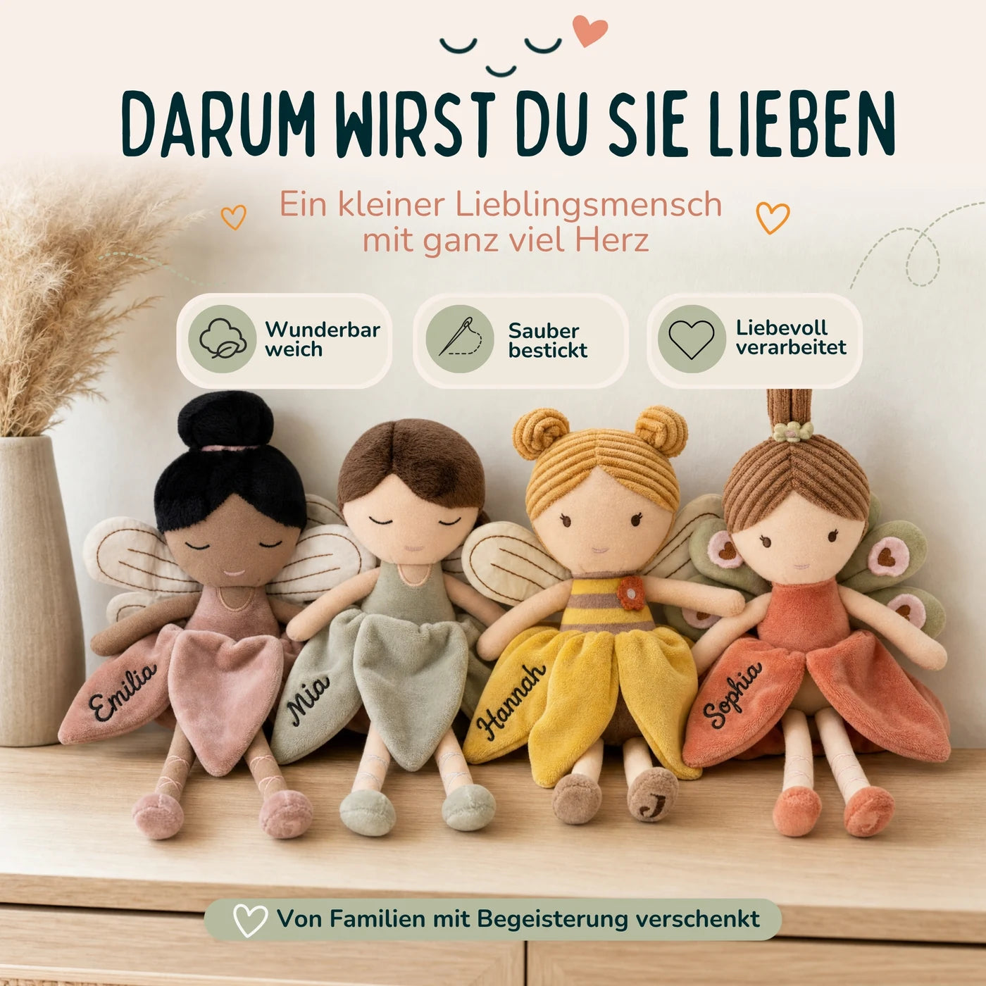 Jollein Stoffpuppe Fee Koralle, weich, sauber bestickt und liebevoll verarbeitet