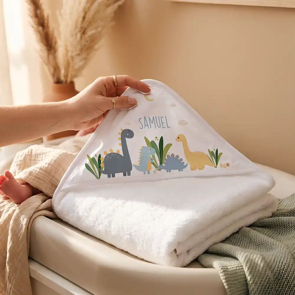 Personalisiertes Kapuzenhandtuch Baby Dinosaurier Mond – Detail der bedruckbaren Kapuze