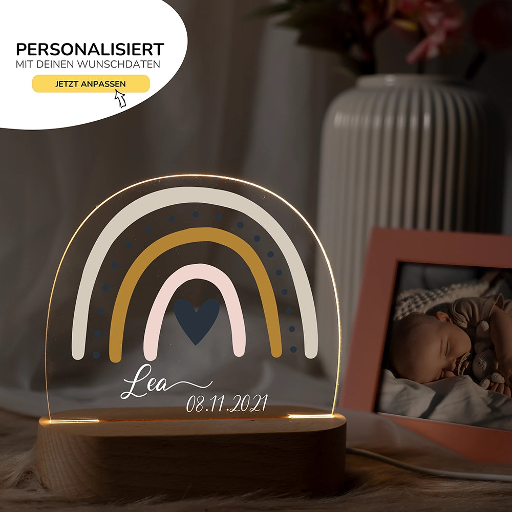 Nachtlicht Regenbogen mit Namen im Kinderzimmer – personalisiertes Geschenk zur Geburt