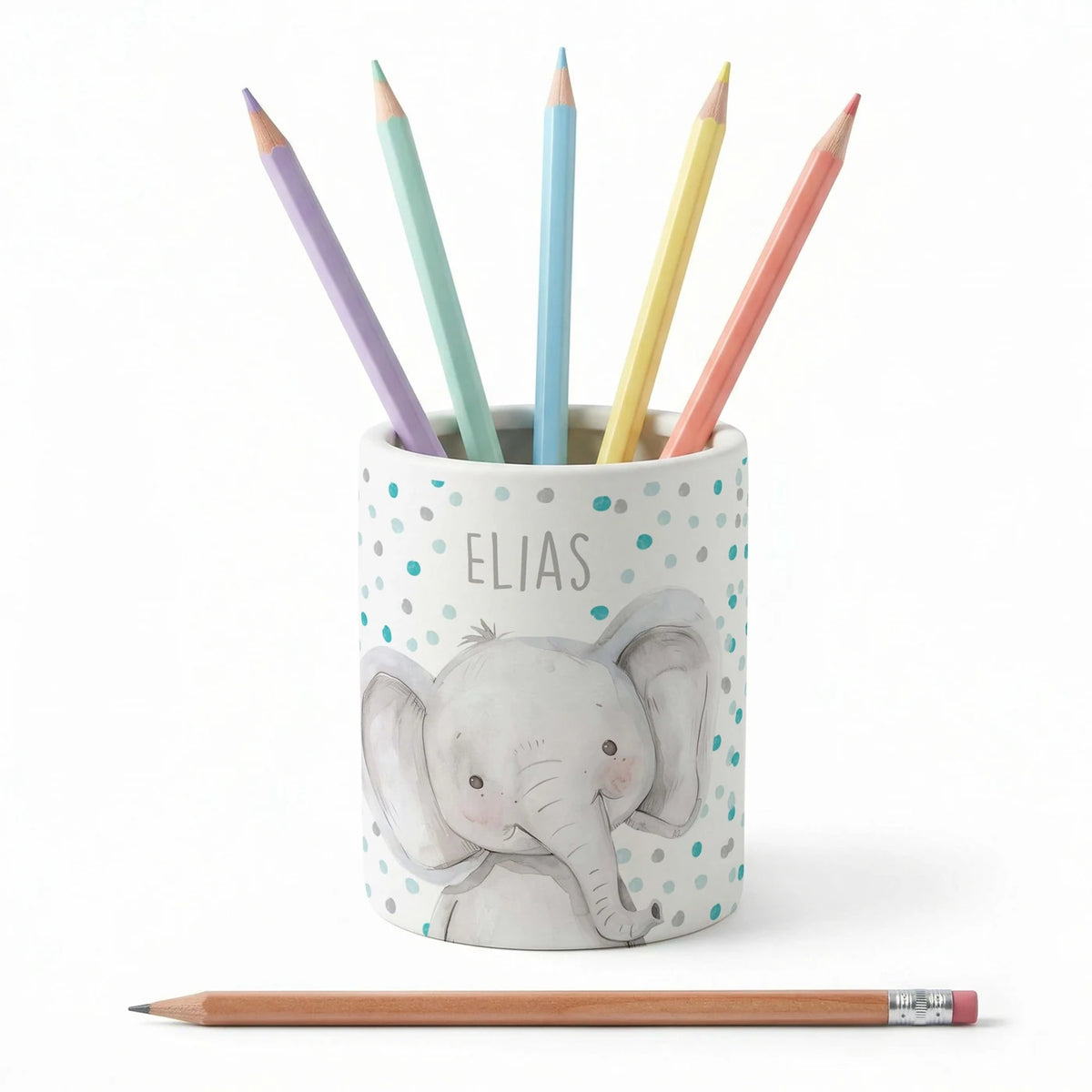 Personalisierter Stiftehalter Elefant Konfetti – Keramik mit Wunschname