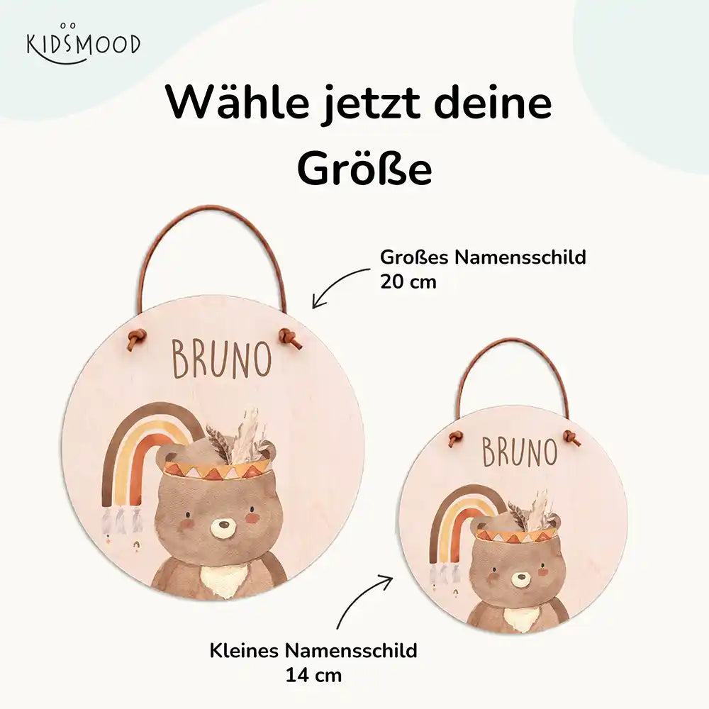 Türschild Kinderzimmer Bär mit Regenbogen, mit fertig montiertem Lederband zum Aufhängen