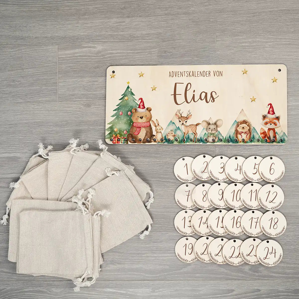 Personalisierbarer Adventskalender farbig - Glückliche Waldtiere