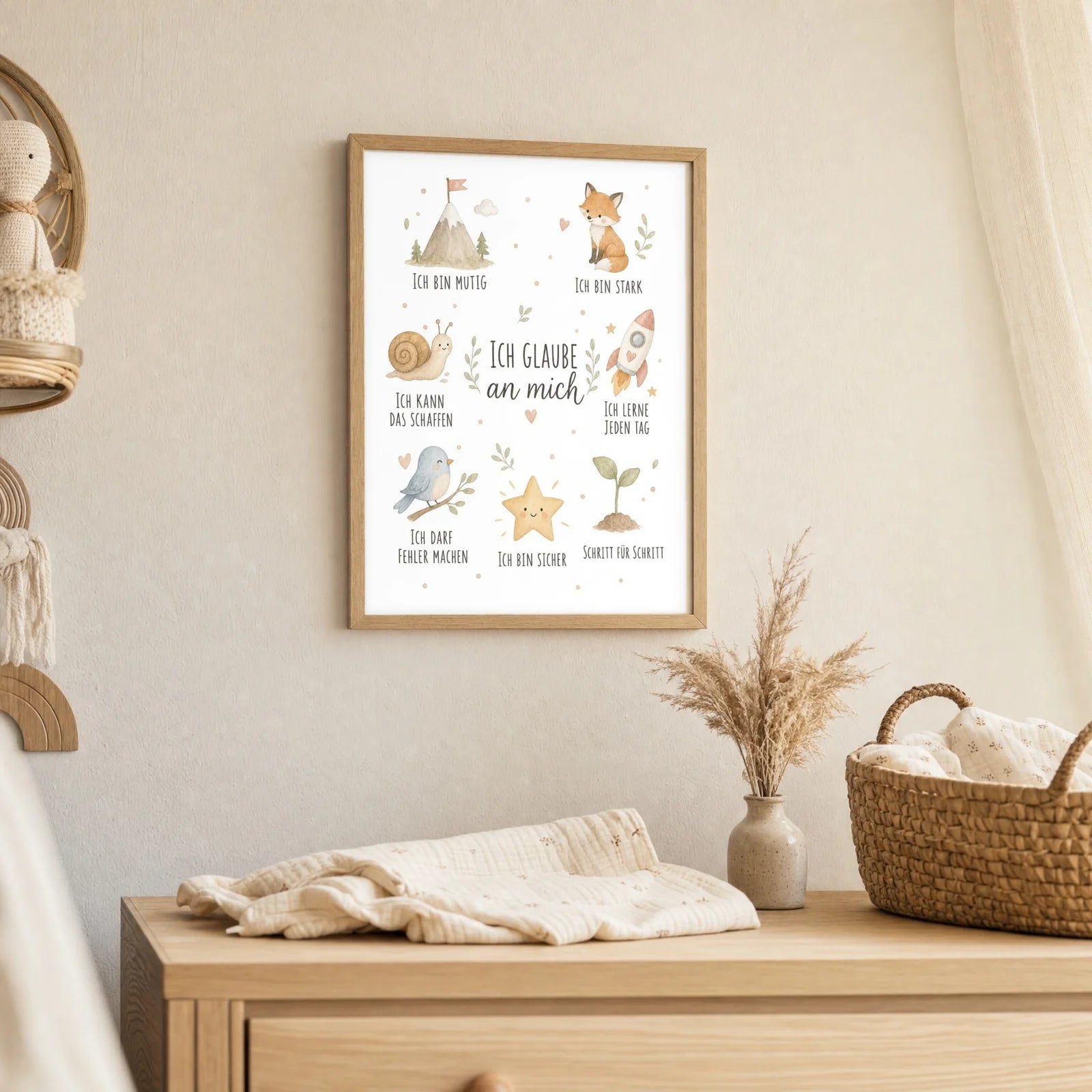 Affirmationsposter Kinderzimmer Collage Ich glaube an mich, als Deko mit Holzrahmen
