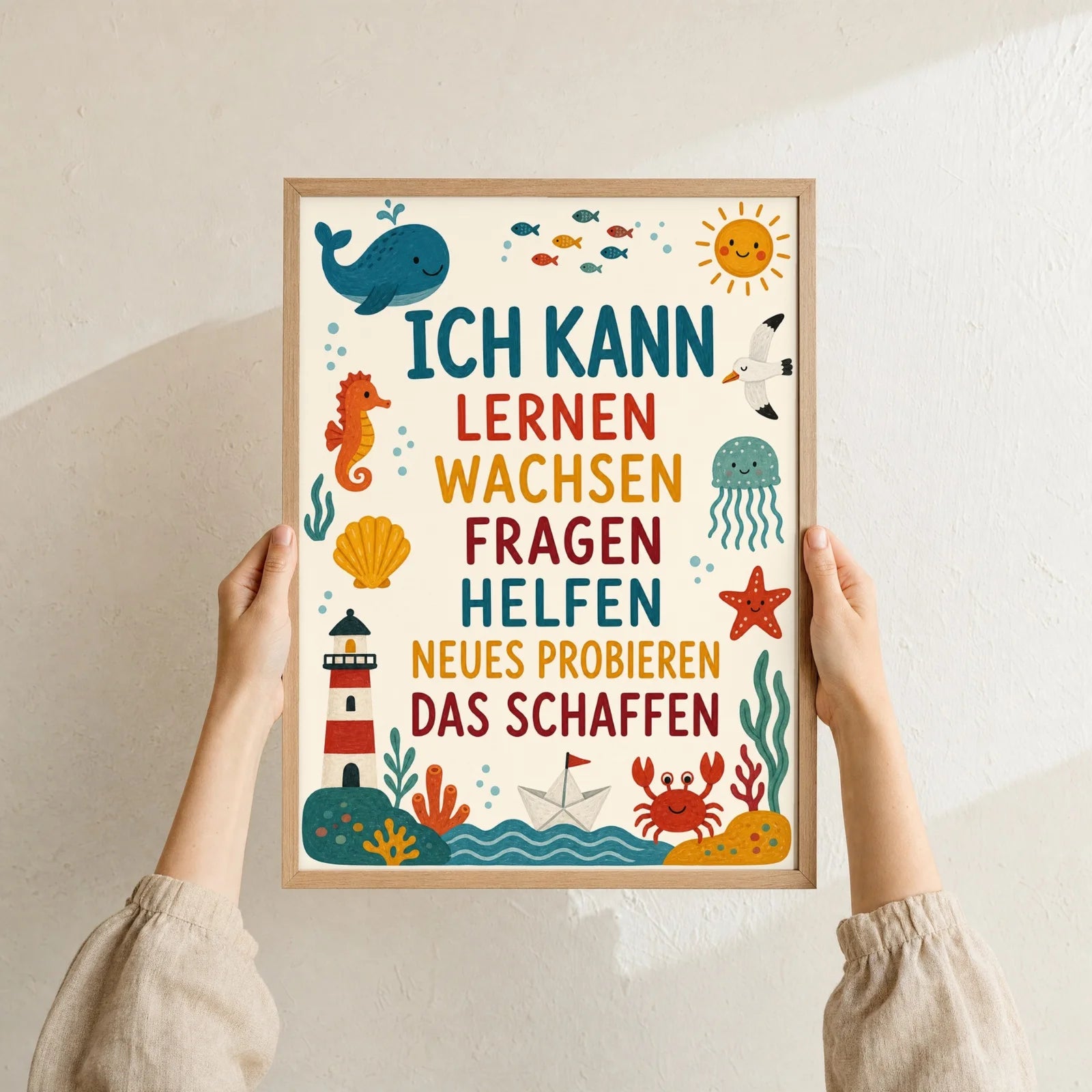 Affirmationsposter Kinderzimmer Meer Ich kann lernen, als Deko mit Holzrahmen