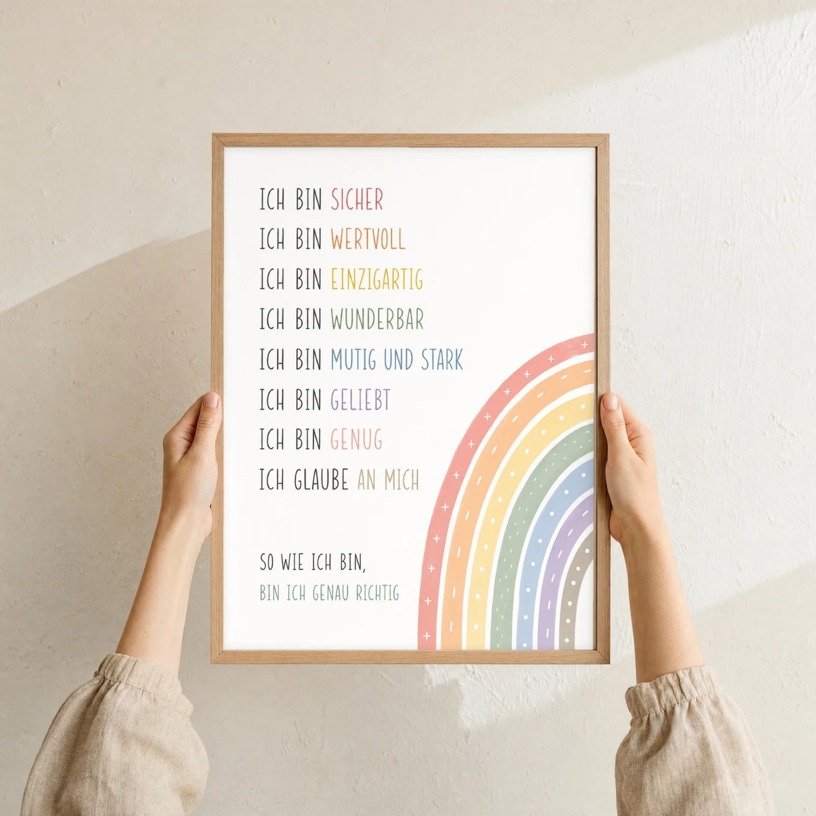 Affirmationsposter Kinderzimmer Minimal Ich bin, als Deko mit Holzrahmen