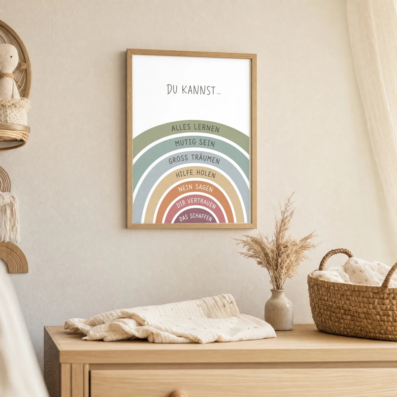 Affirmationsposter Kinderzimmer Regenbogen Du kannst, als Deko mit Holzrahmen