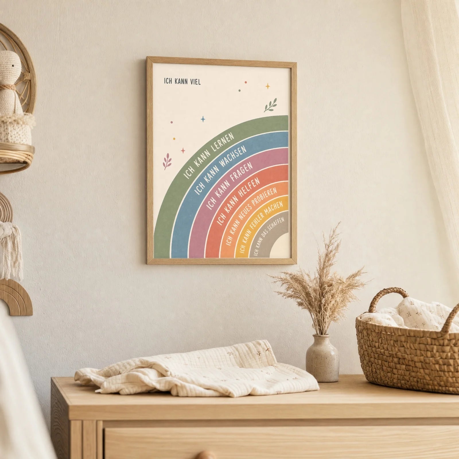 Affirmationsposter Kinderzimmer Regenbogen Ich kann viel, als Deko mit Holzrahmen