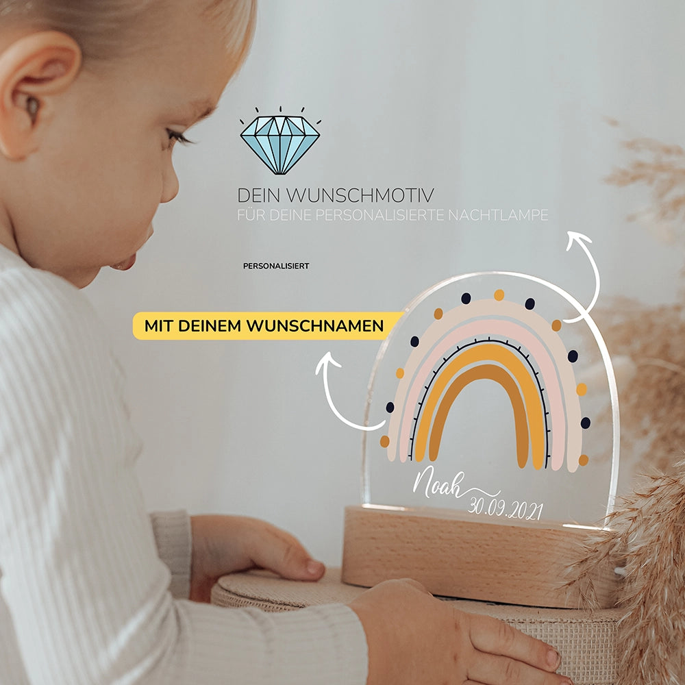 Kleinkind mit Nachtlicht Regenbogen mit Wunschnamen – Babygeschenk personalisiert