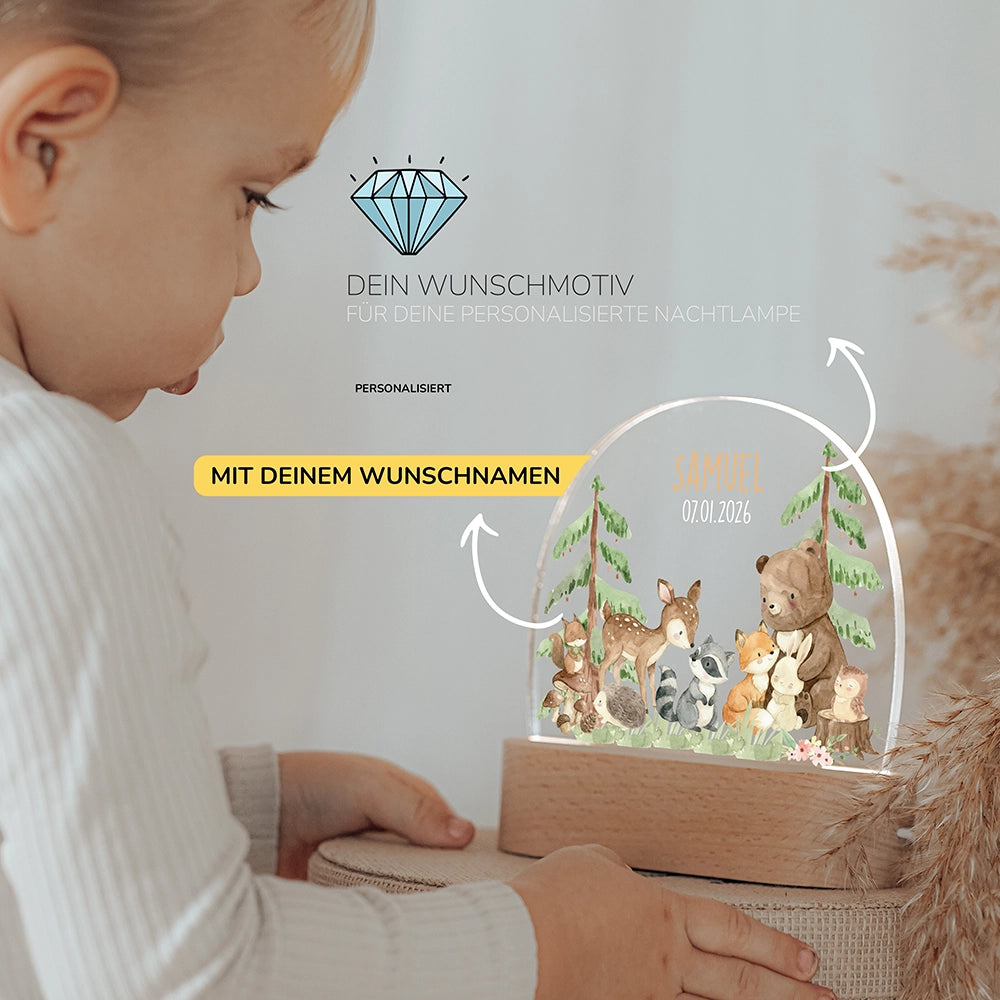 Kleinkind mit Nachtlicht Waldtiere mit Wunschnamen – Babygeschenk personalisiert