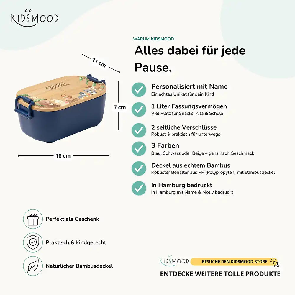 Brotdose Kinder personalisiert Waldtiere, Bambusdeckel mit Wunschname Detail