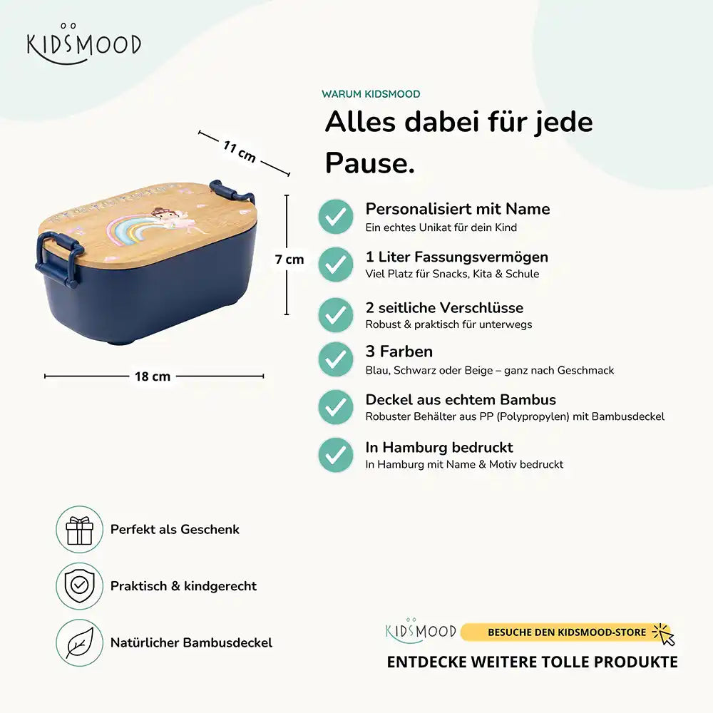 Brotdose Kinder personalisiert Ballerina Regenbogen, Bambusdeckel mit Wunschname Detail