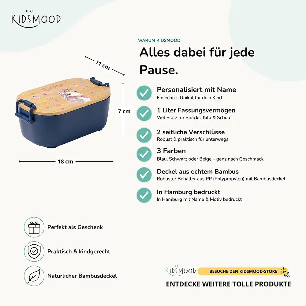 Brotdose Kinder personalisiert Einhorn Blumenkranz, Bambusdeckel mit Wunschname Detail
