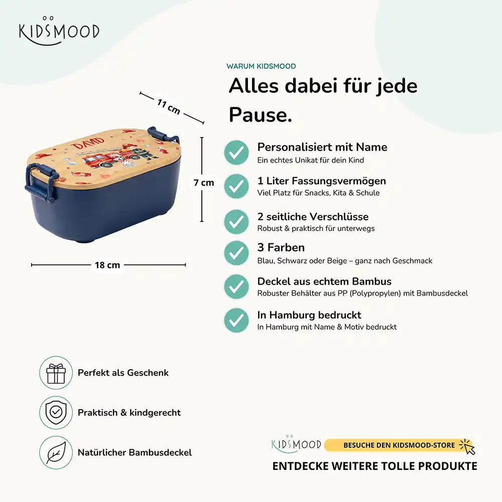 Brotdose Kinder personalisiert Feuerwehr, Bambusdeckel mit Wunschname Detail