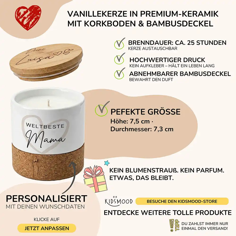 Duftkerze Vanille Keramik Weltbeste Mama Herz – brennend am gemütlichen Abend