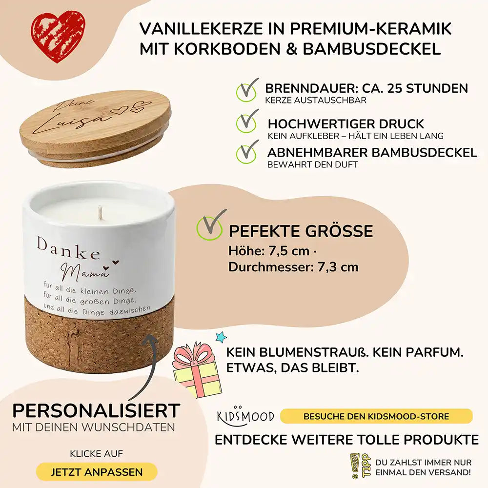 Duftkerze Vanille Keramik Danke Mama Herzen – brennend am gemütlichen Abend