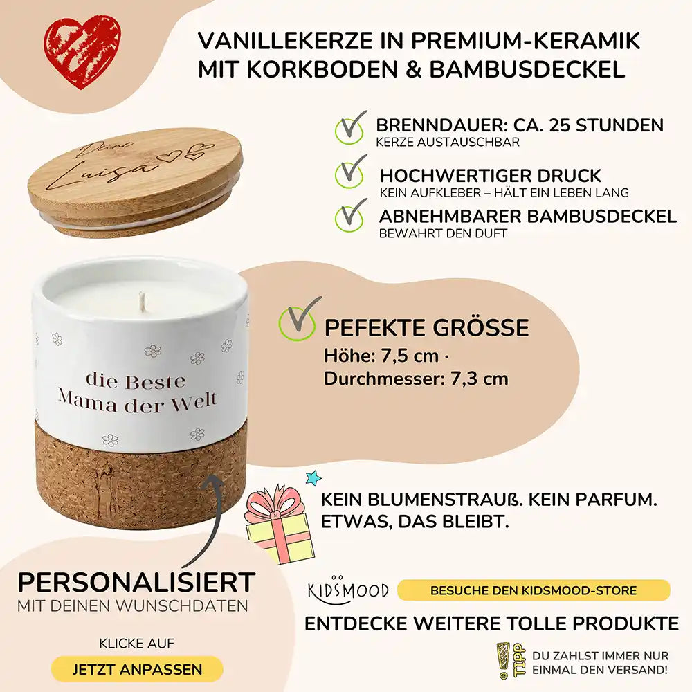 Duftkerze Vanille Keramik Beste Mama Blümchen – brennend am gemütlichen Abend