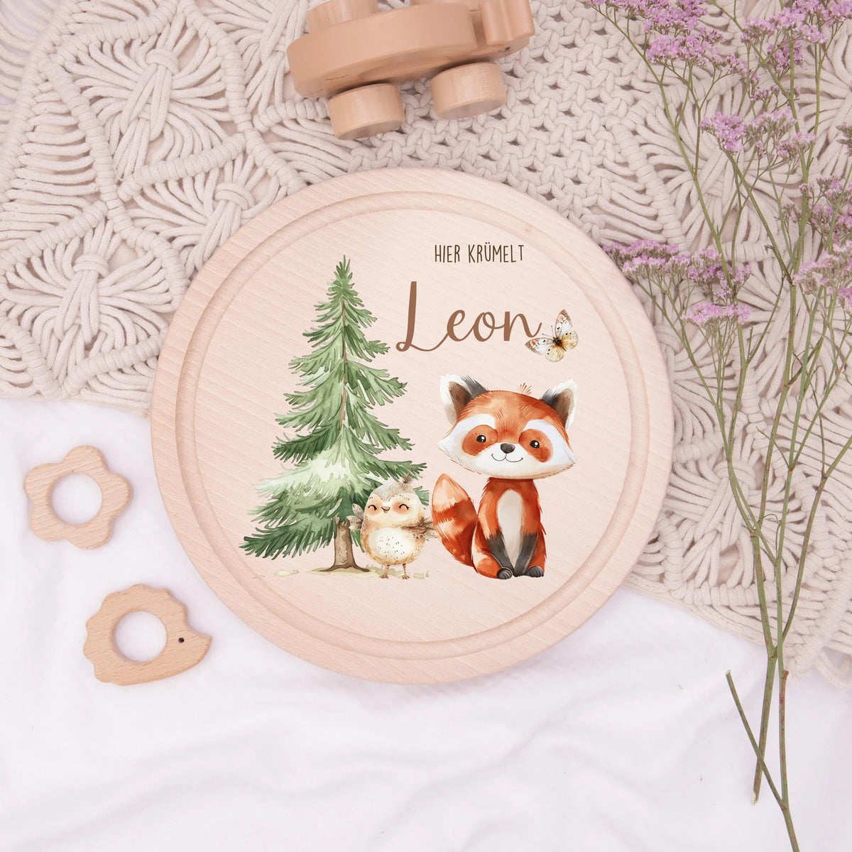Rundes personalisiertes Frühstücksbrettchen Fuchs mit Namen für Kinder