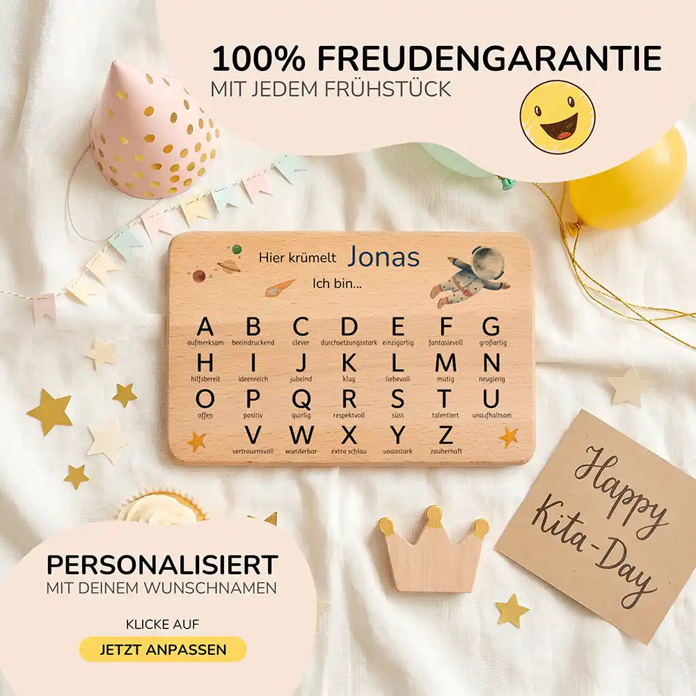 ABC Brettchen Kinder personalisiert Astronaut Weltraum – Geburtstags-Komposition Kita