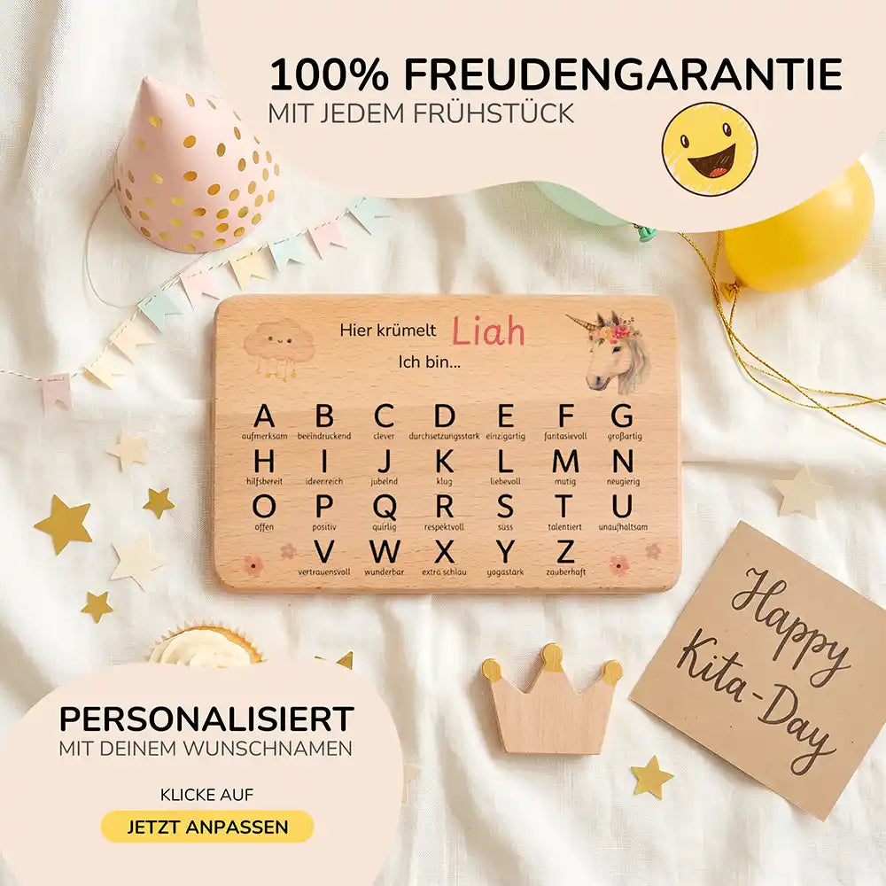 ABC Brettchen Kinder personalisiert Einhorn Wolke – Geburtstags-Komposition Kita