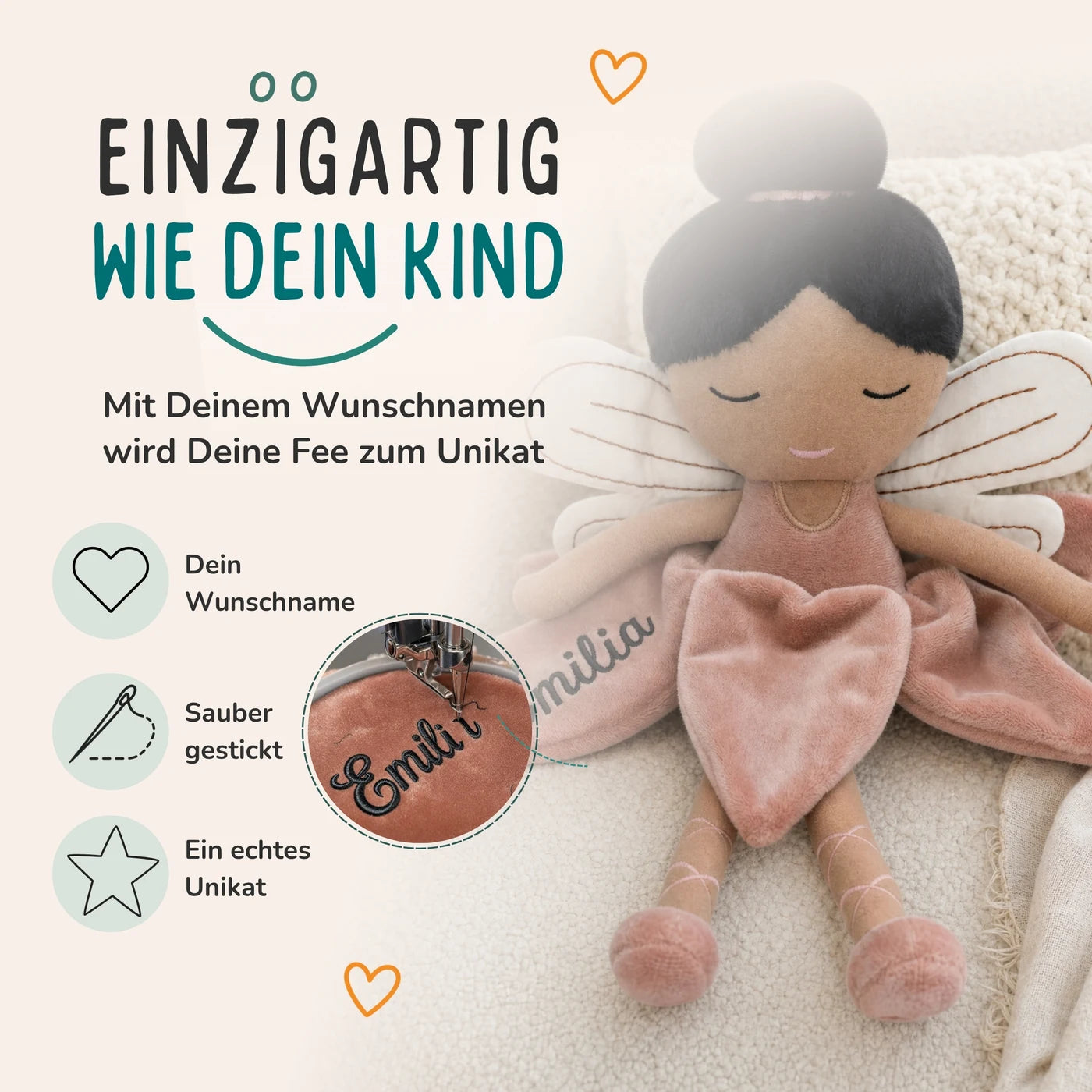 Jollein Stoffpuppe Fee Rosé, Wunschname in schwarzer Stickerei auf dem Blütenkleid