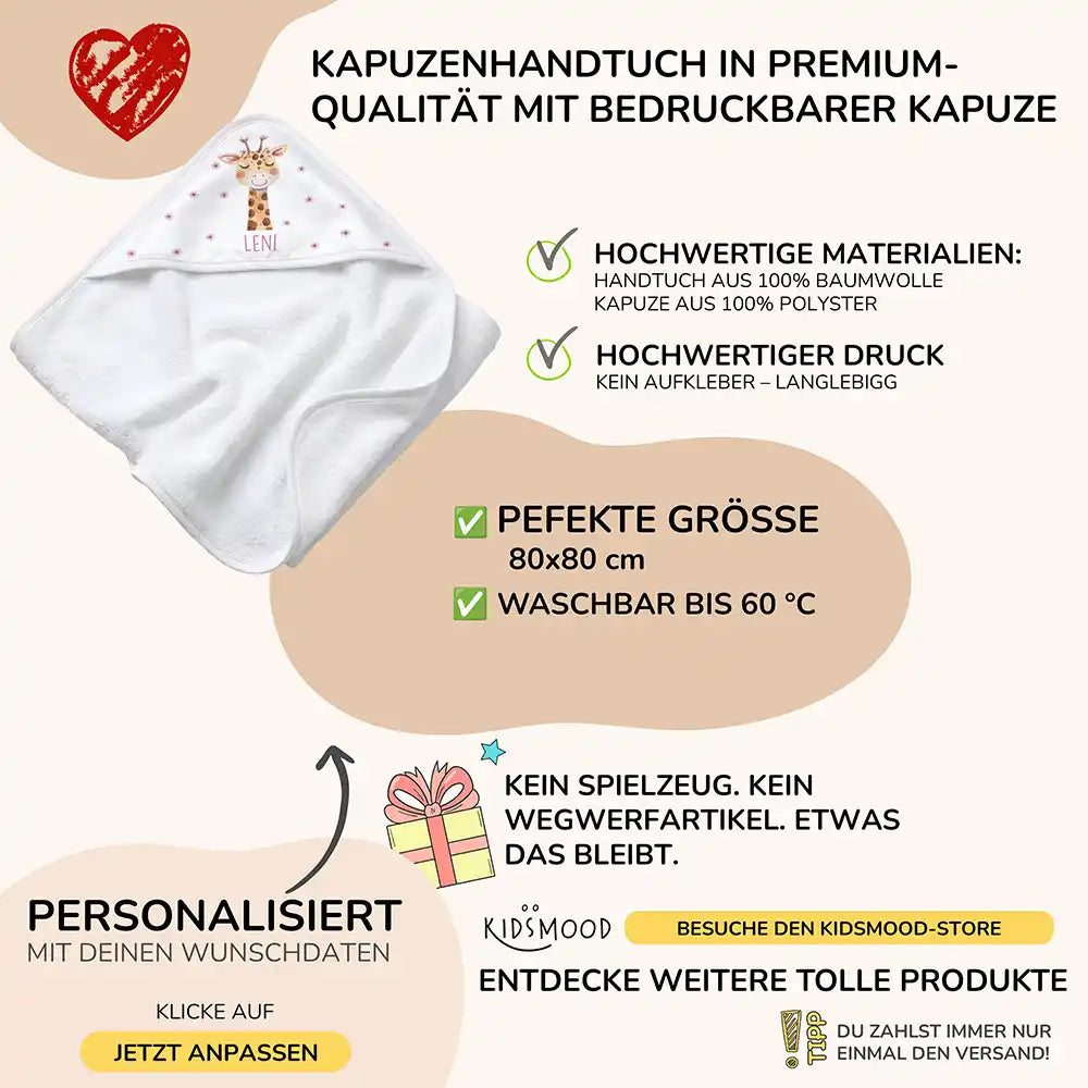 Personalisiertes Kapuzenhandtuch Baby Giraffe Blüten – Boho-Flatlay mit Palmblatt-Akzent
