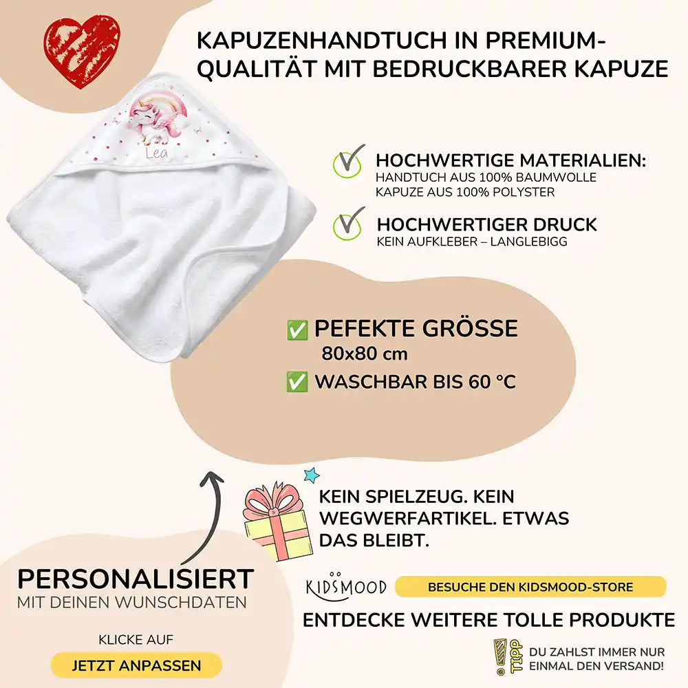Personalisiertes Kapuzenhandtuch Baby Einhorn Rosa – Boho-Flatlay mit Palmblatt-Akzent