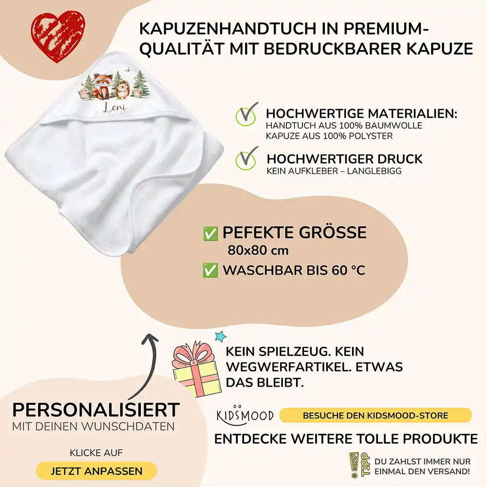 Personalisiertes Kapuzenhandtuch Baby Waldfreunde Tannen – Boho-Flatlay mit Palmblatt-Akzent