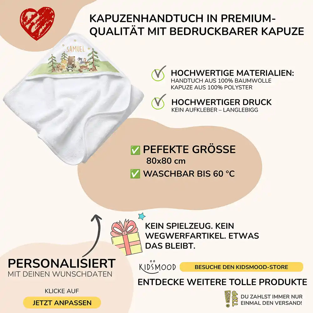 Personalisiertes Kapuzenhandtuch Baby Waldwiese Tiere – Boho-Flatlay mit Palmblatt-Akzent