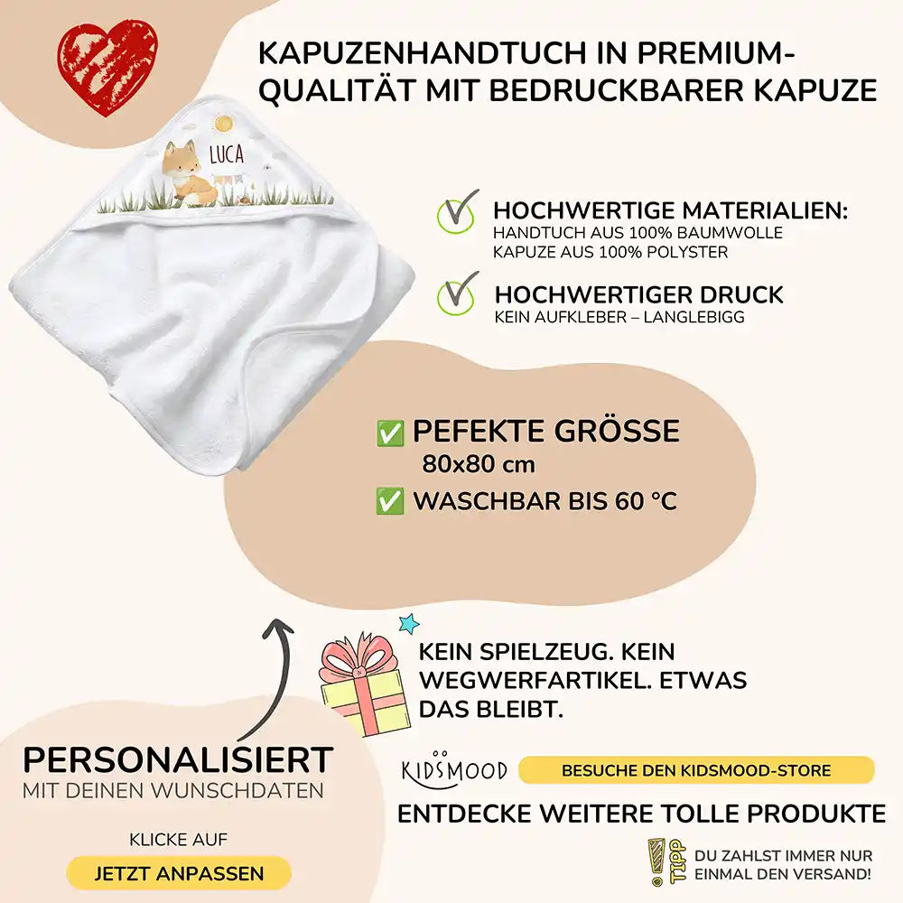 Personalisiertes Kapuzenhandtuch Baby Fuchs Wiese – Boho-Flatlay mit Palmblatt-Akzent