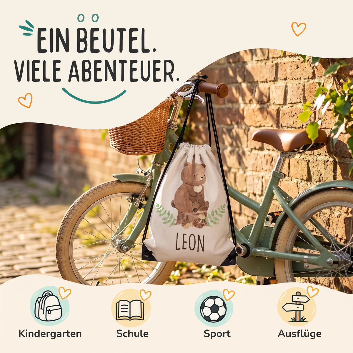 Personalisierter Turnbeutel Bär, Sportbeutel für Kindergarten, Schule, Sport und Ausflüge