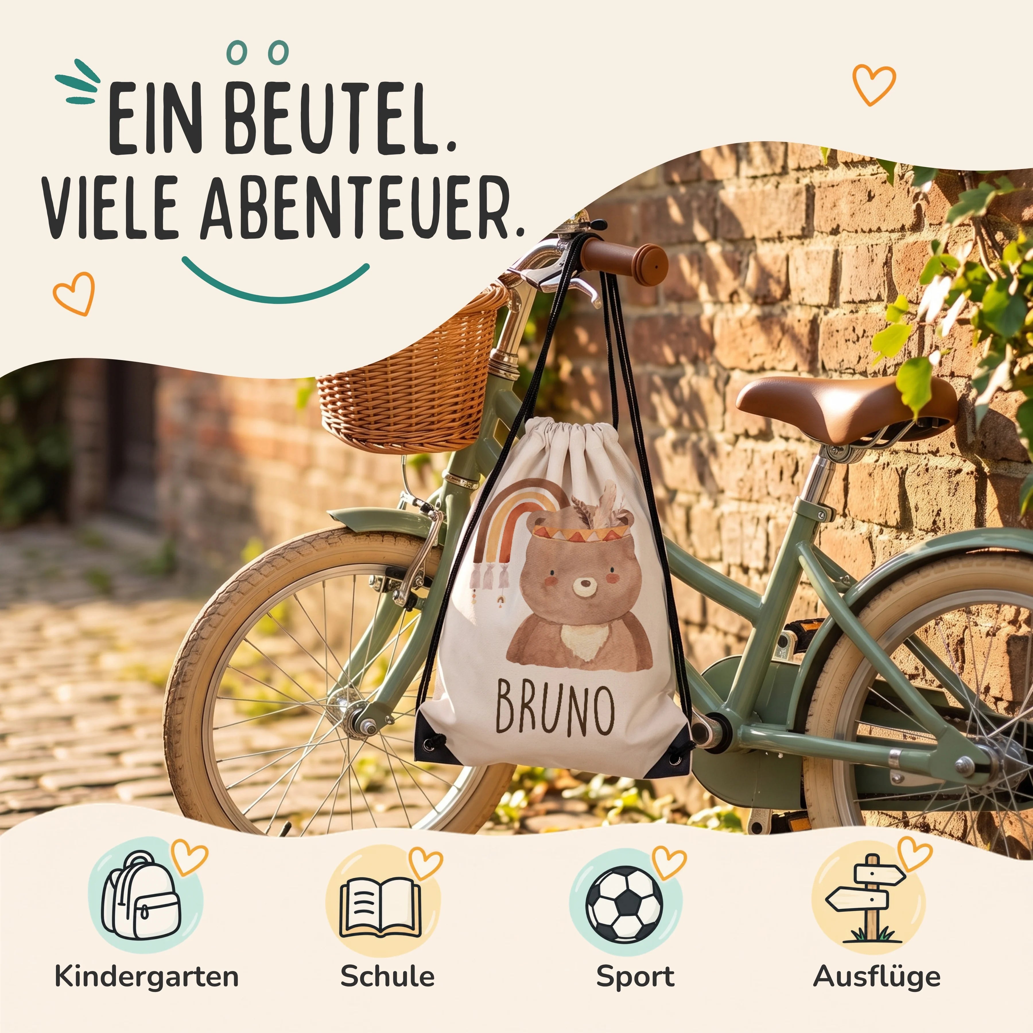 Personalisierter Turnbeutel Bär mit Regenbogen, Sportbeutel für Kindergarten, Schule, Sport und Ausflüge