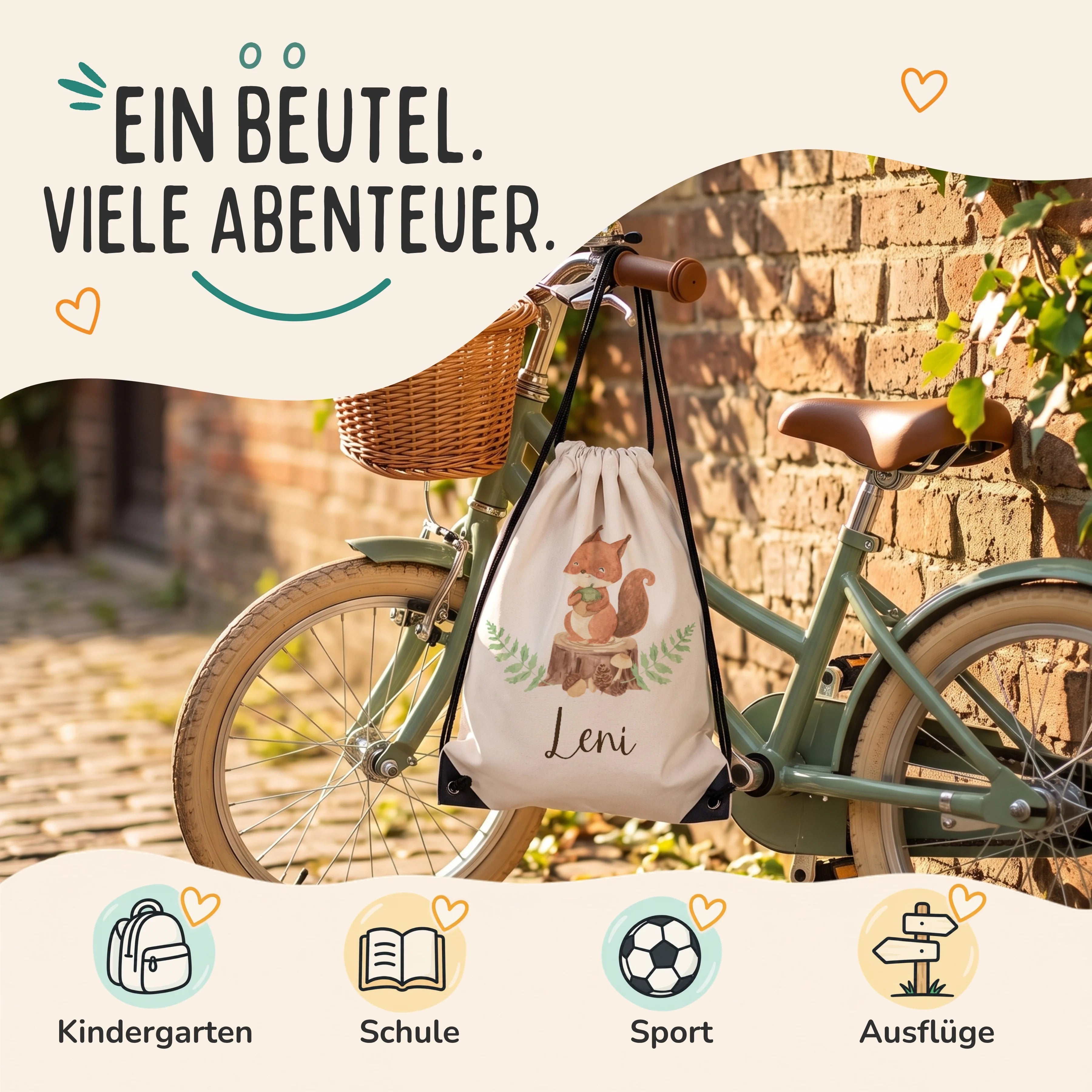 Personalisierter Turnbeutel Eichhörnchen, Sportbeutel für Kindergarten, Schule, Sport und Ausflüge