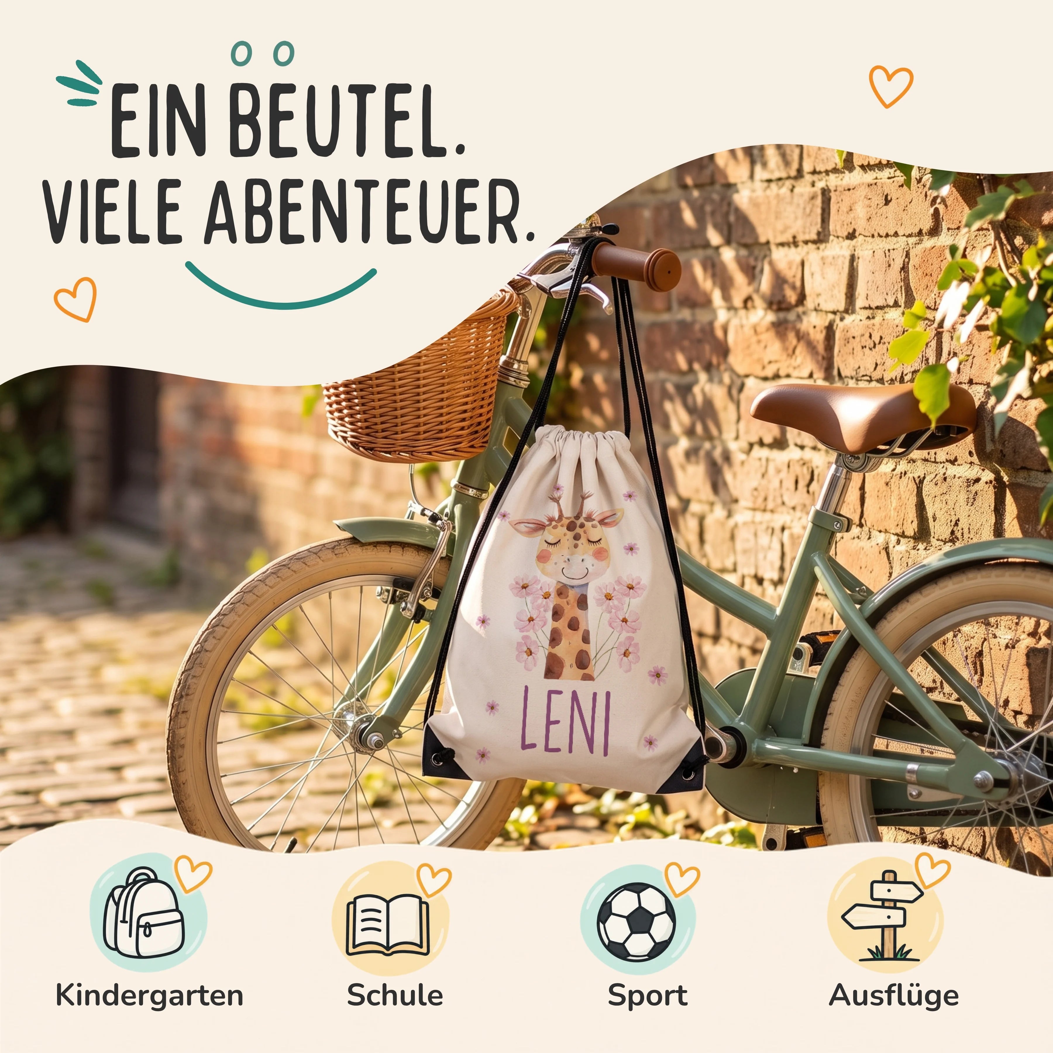 Personalisierter Turnbeutel Giraffe, Sportbeutel für Kindergarten, Schule, Sport und Ausflüge