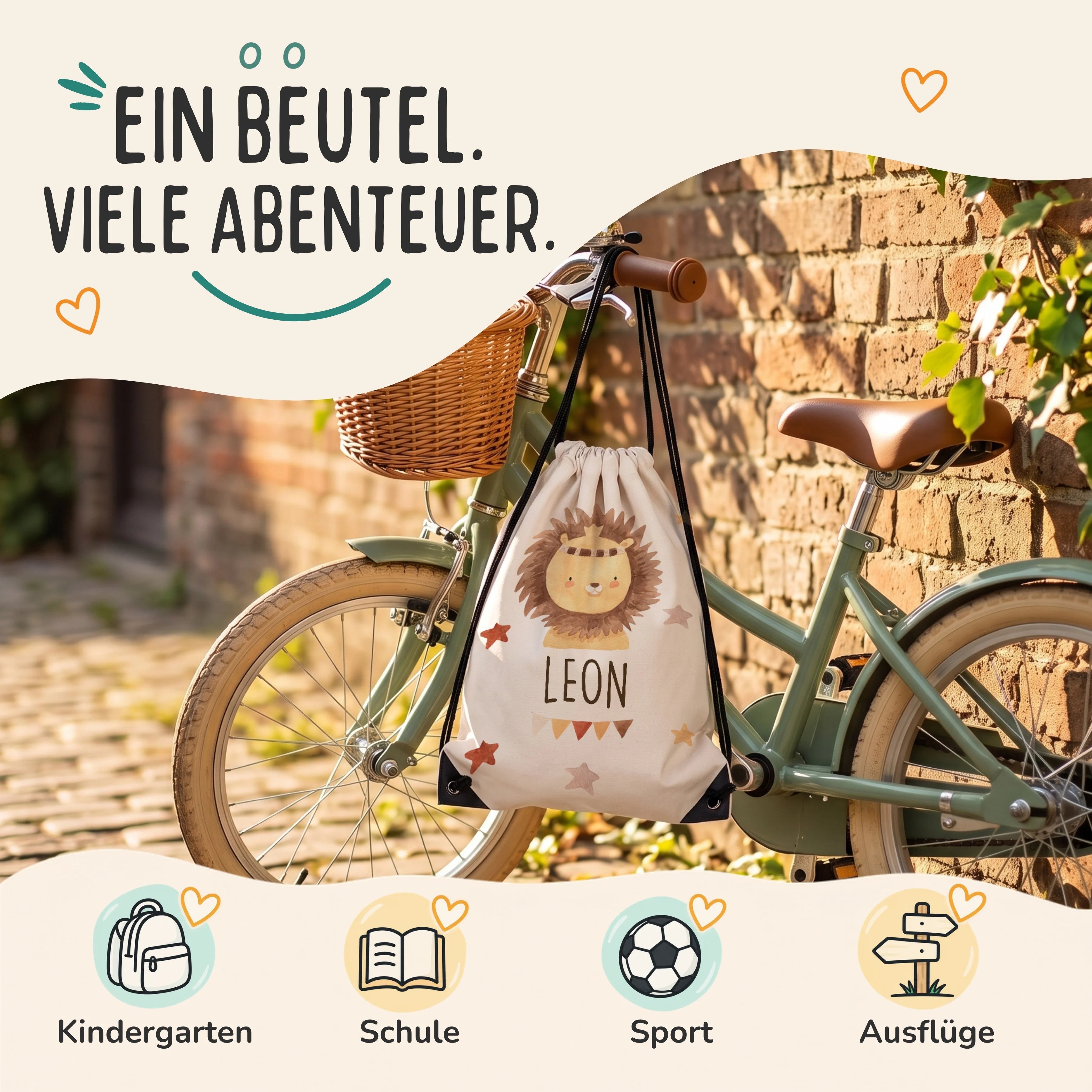Personalisierter Turnbeutel Löwe mit Kranz, Sportbeutel für Kindergarten, Schule, Sport und Ausflüge