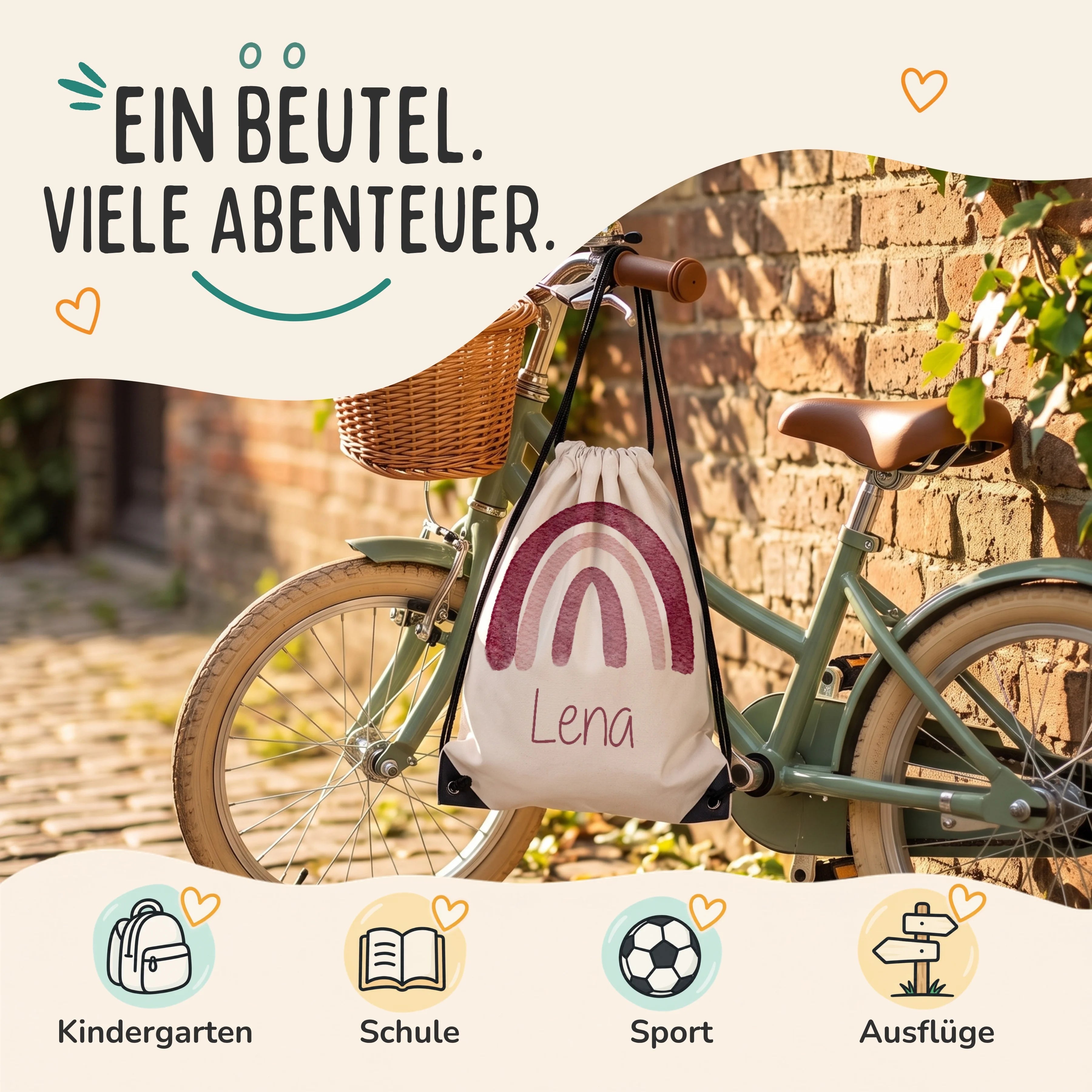 Personalisierter Turnbeutel Regenbogen, Sportbeutel für Kindergarten, Schule, Sport und Ausflüge