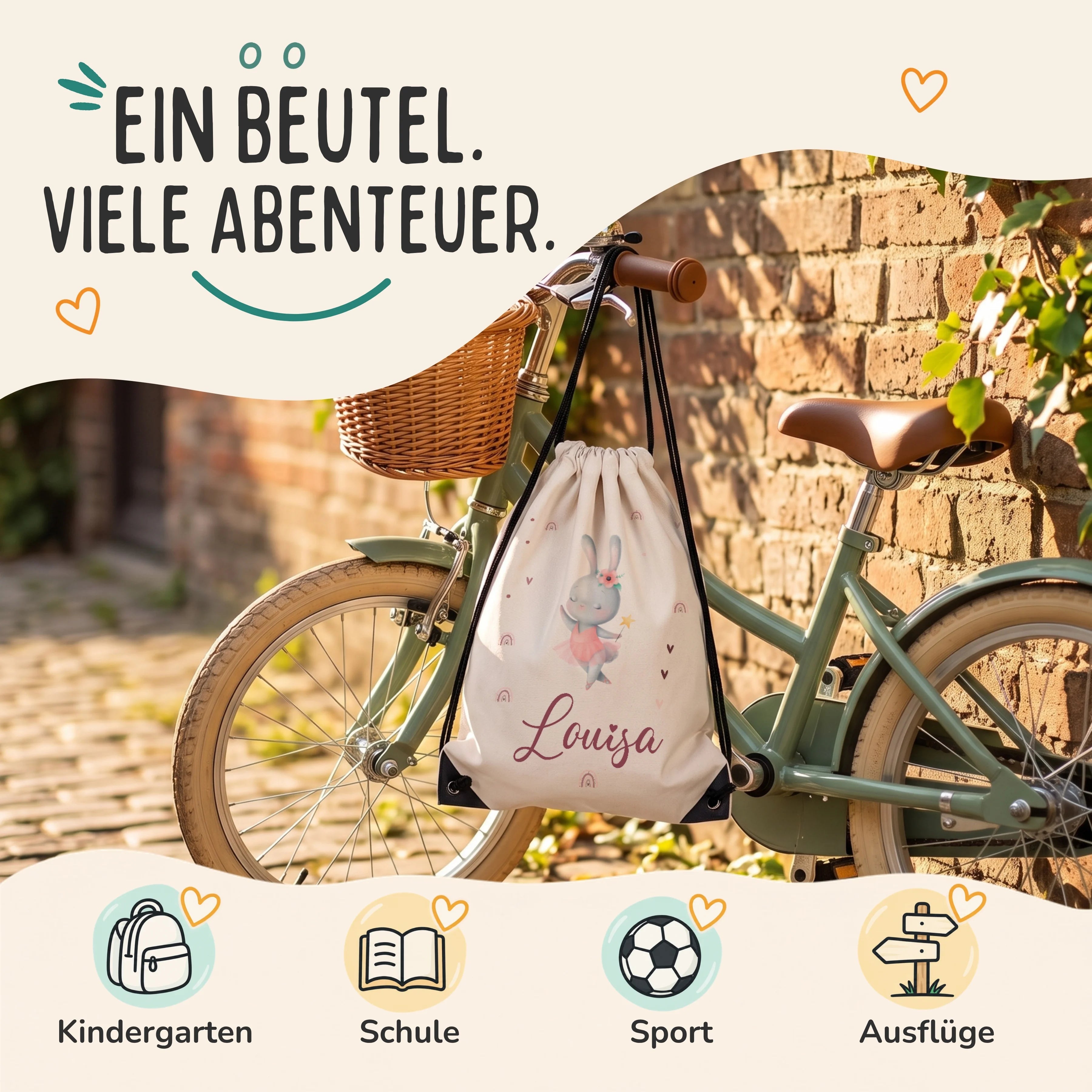 Personalisierter Turnbeutel Zauberhase, Sportbeutel für Kindergarten, Schule, Sport und Ausflüge