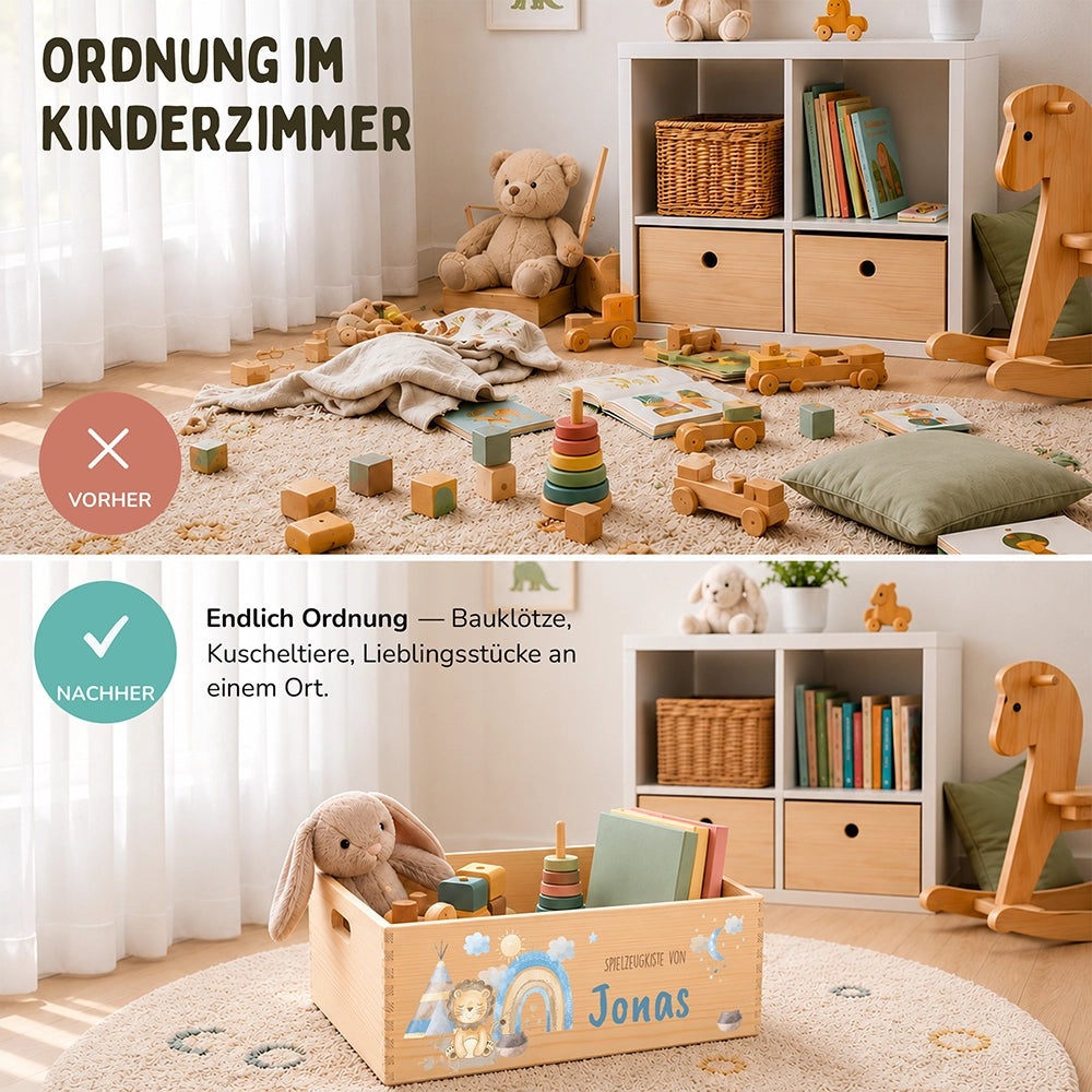 Spielzeugkiste personalisiert mit Namen - Löwe mit Regenbogen