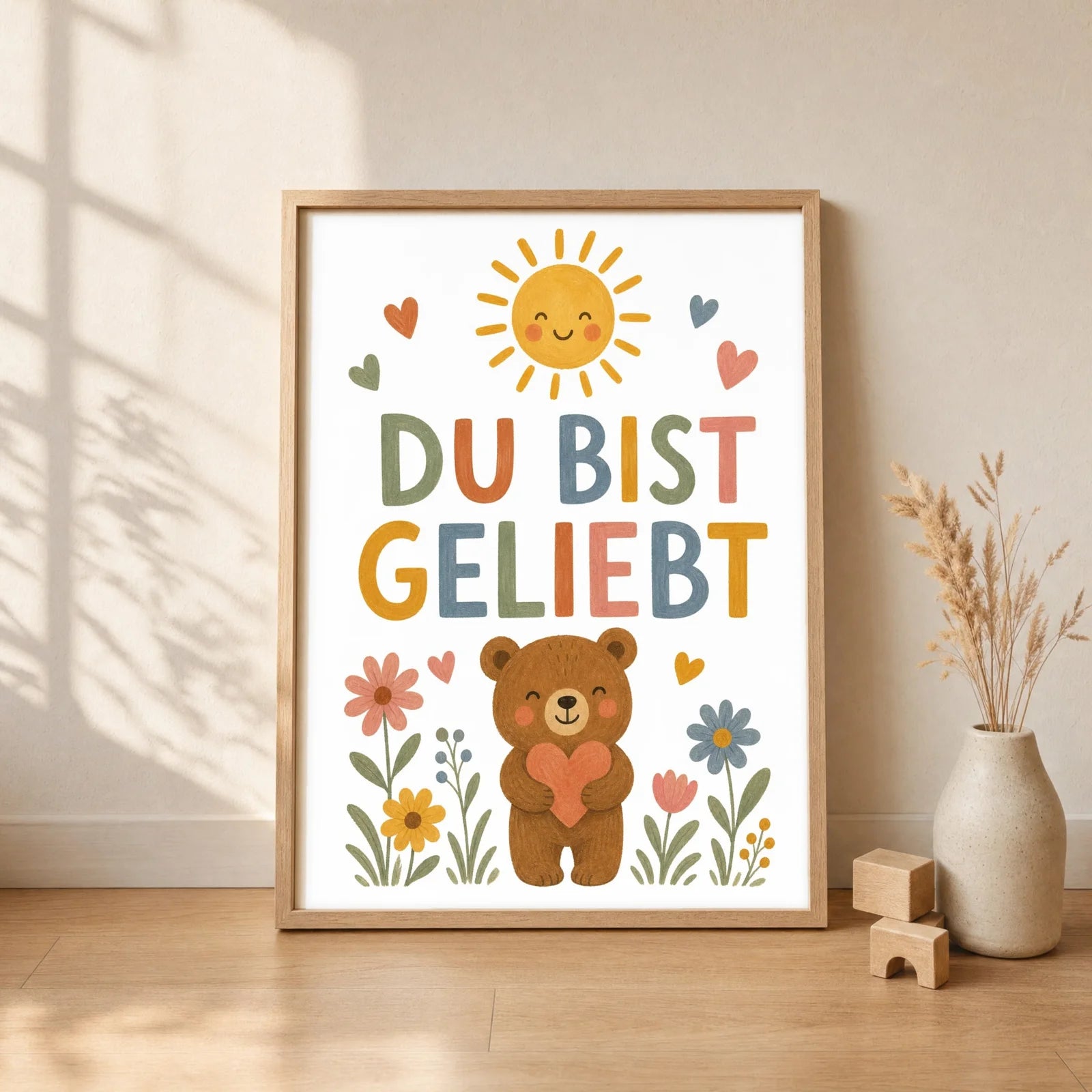 Affirmationsposter Kinderzimmer Bär Du bist geliebt, gerahmt im Format 30 x 40 cm