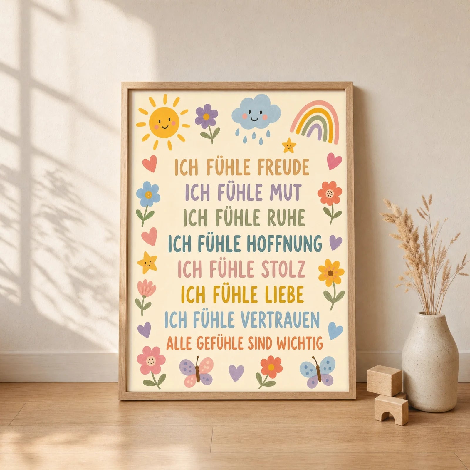 Affirmationsposter Kinderzimmer Blumenwiese Gefühle, gerahmt im Format 30 x 40 cm