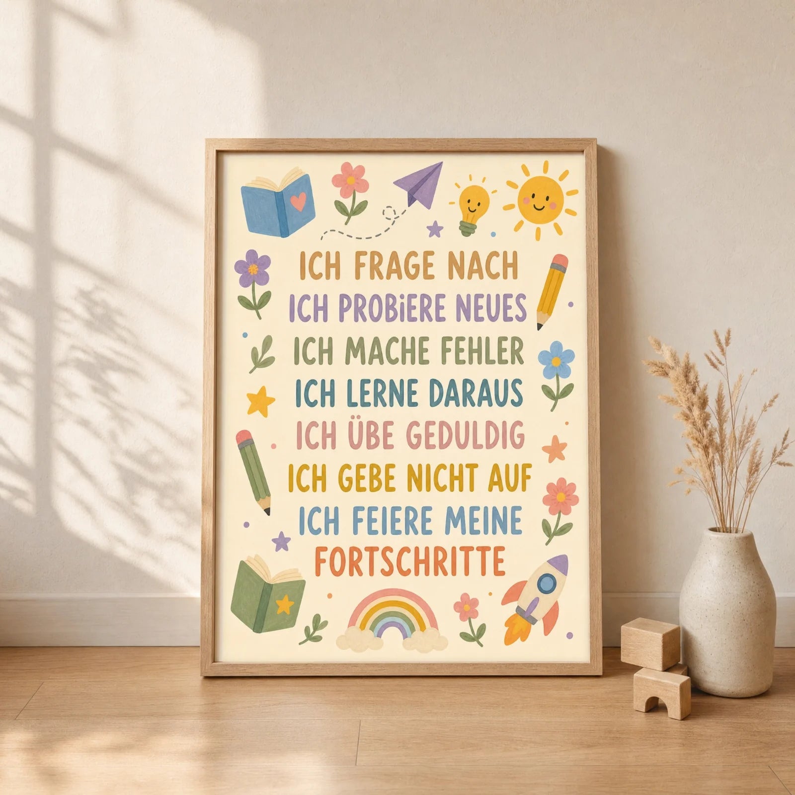Affirmationsposter Kinderzimmer Blumenwiese Ich frage nach, gerahmt im Format 30 x 40 cm