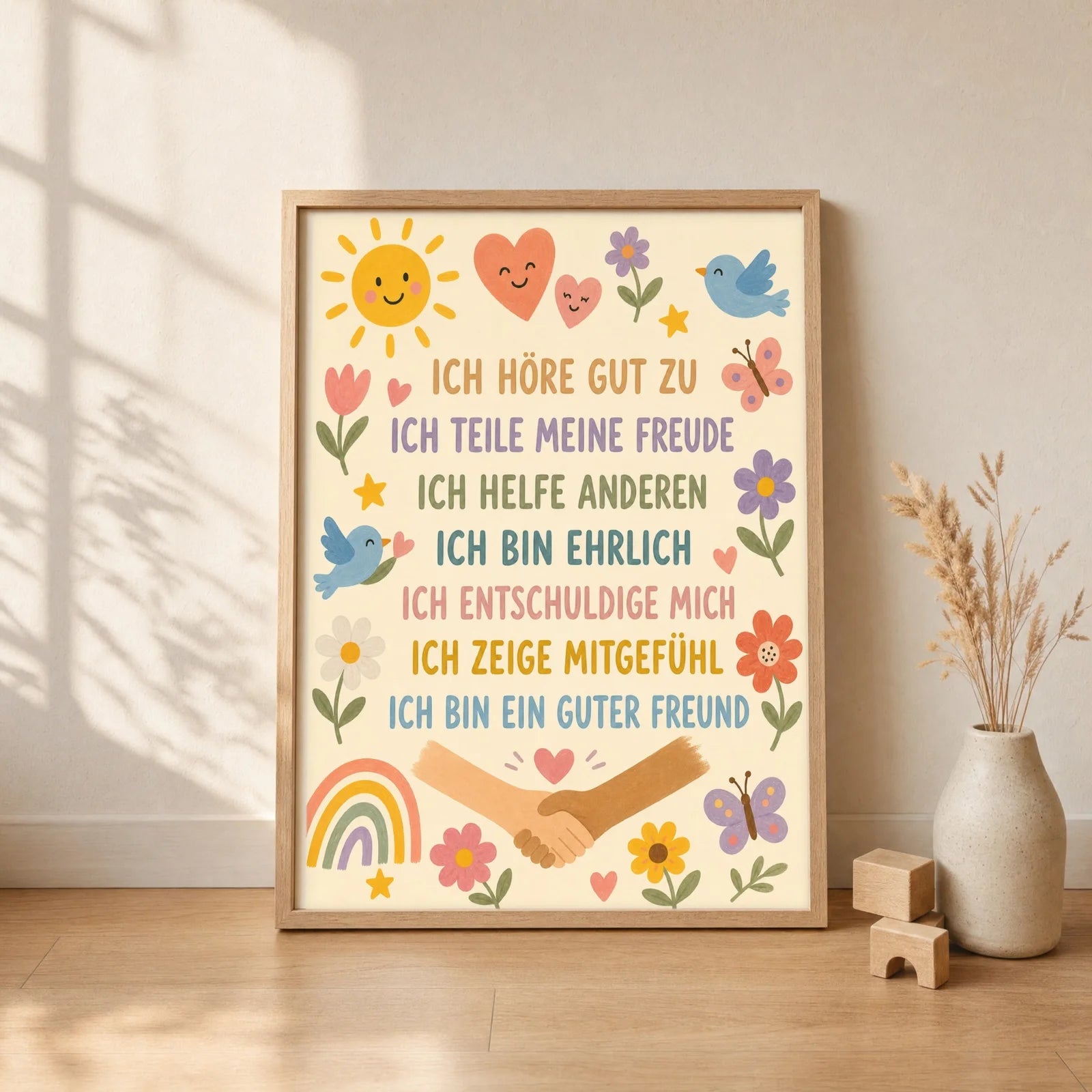 Affirmationsposter Kinderzimmer Blumenwiese Ich höre zu, gerahmt im Format 30 x 40 cm
