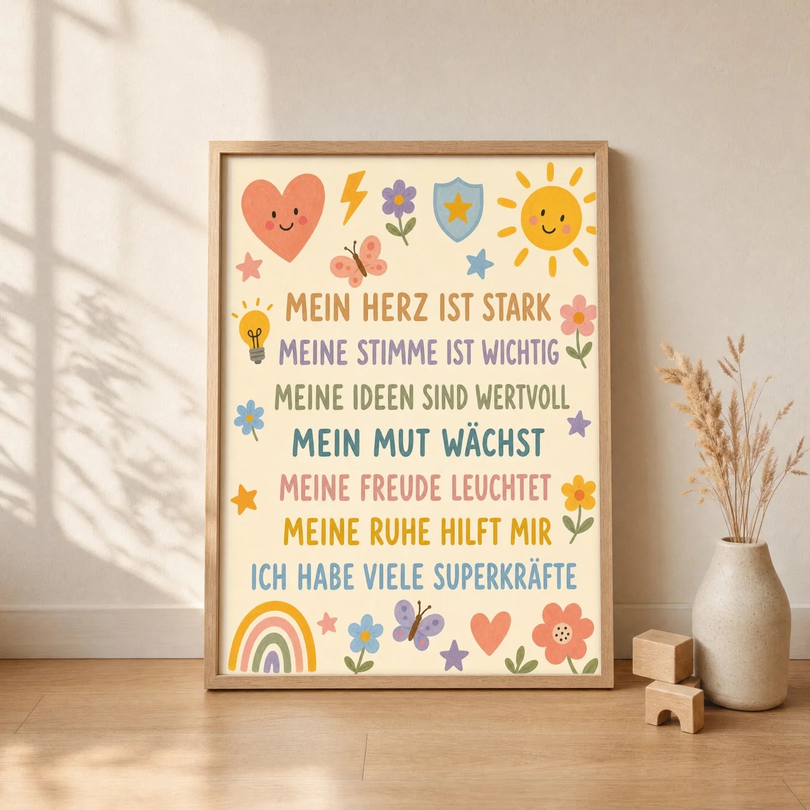 Affirmationsposter Kinderzimmer Blumenwiese Superkräfte, gerahmt im Format 30 x 40 cm