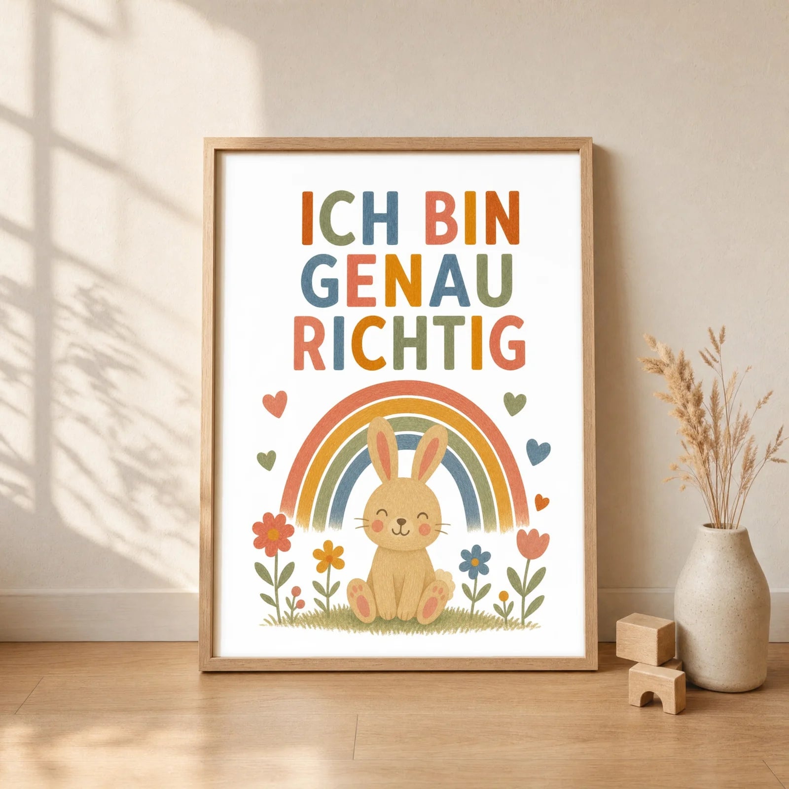 Affirmationsposter Kinderzimmer Hase Ich bin genau richtig, gerahmt im Format 30 x 40 cm