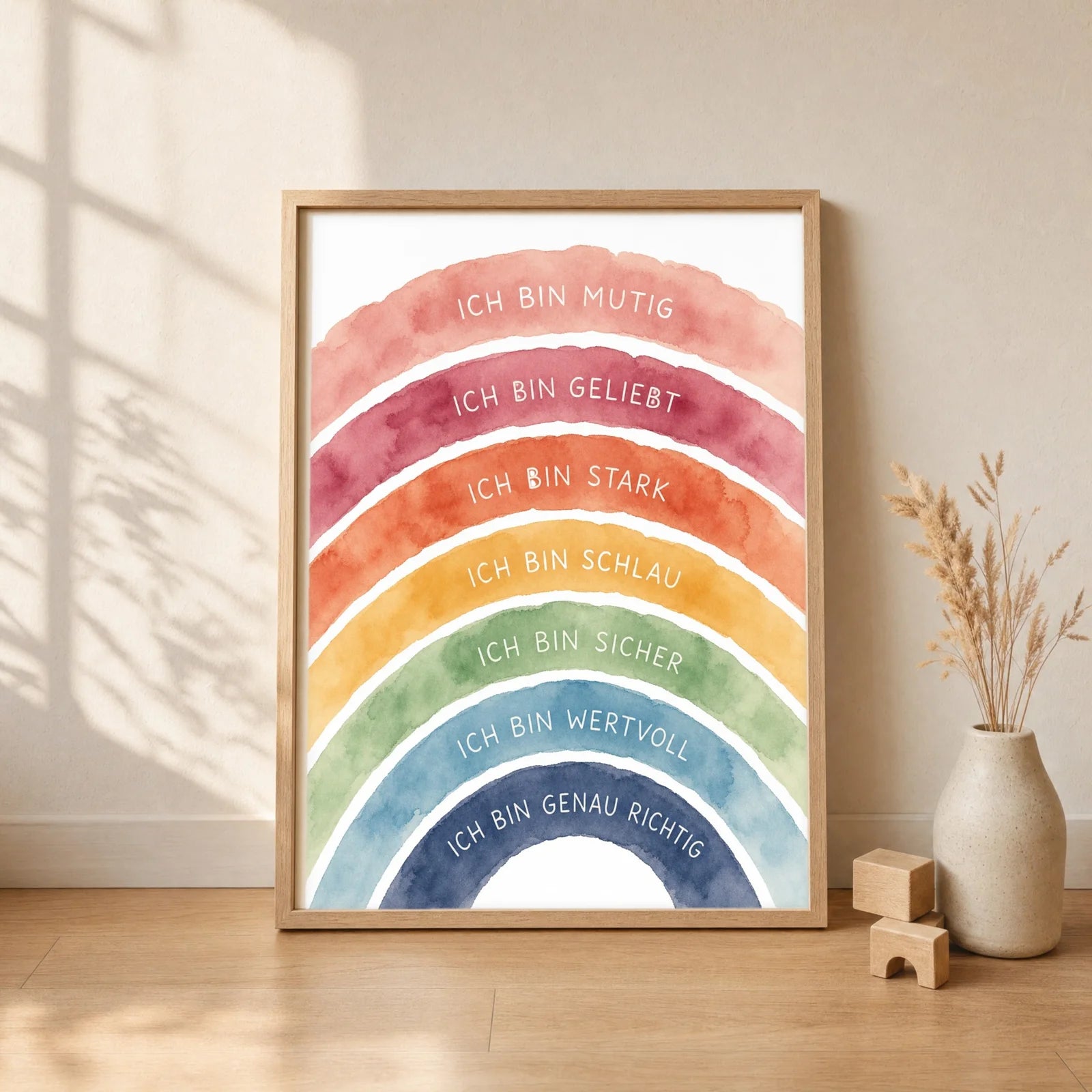 Affirmationsposter Kinderzimmer Regenbogen Ich bin bunt, gerahmt im Format 30 x 40 cm