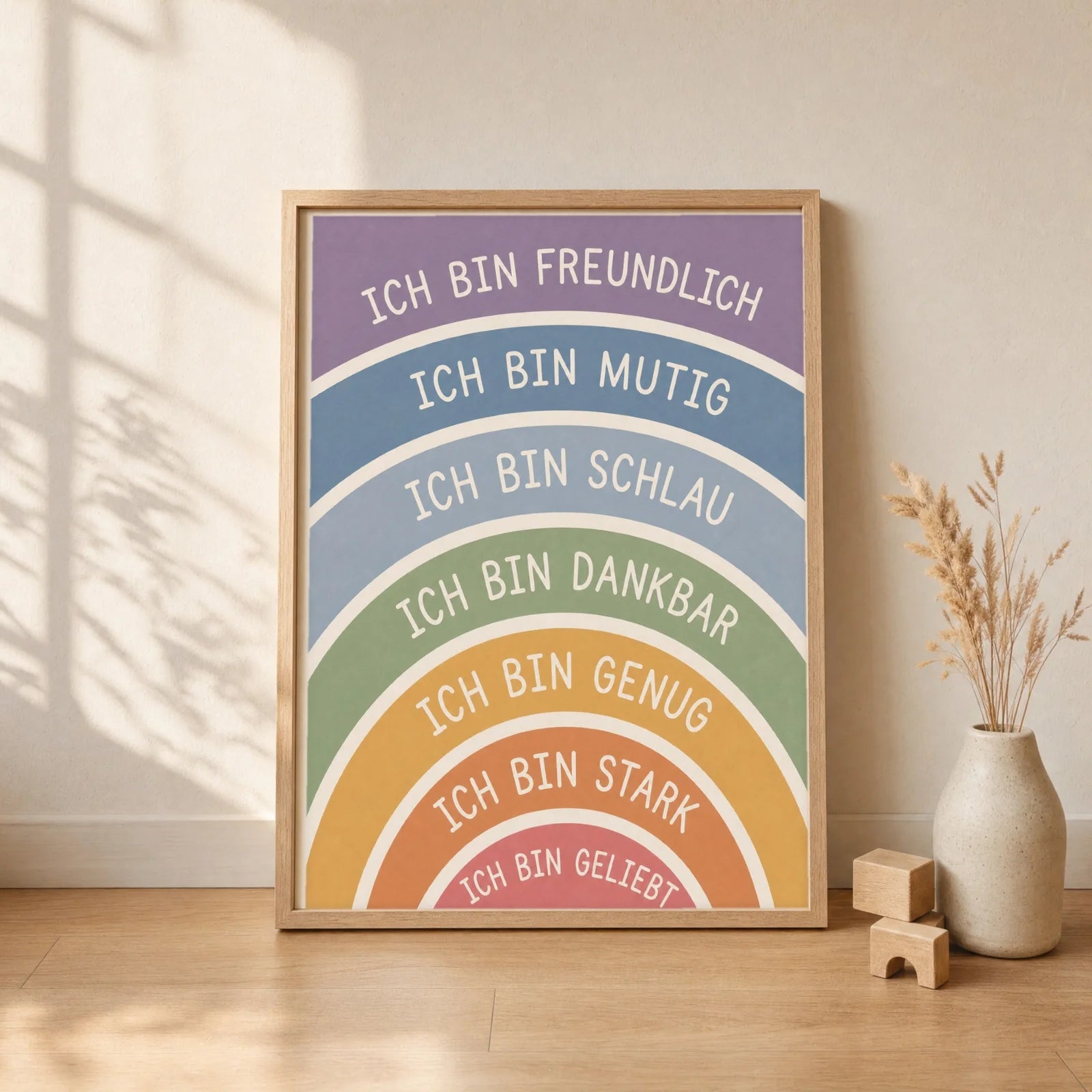 Affirmationsposter Kinderzimmer Regenbogen Ich bin freundlich, gerahmt im Format 30 x 40 cm