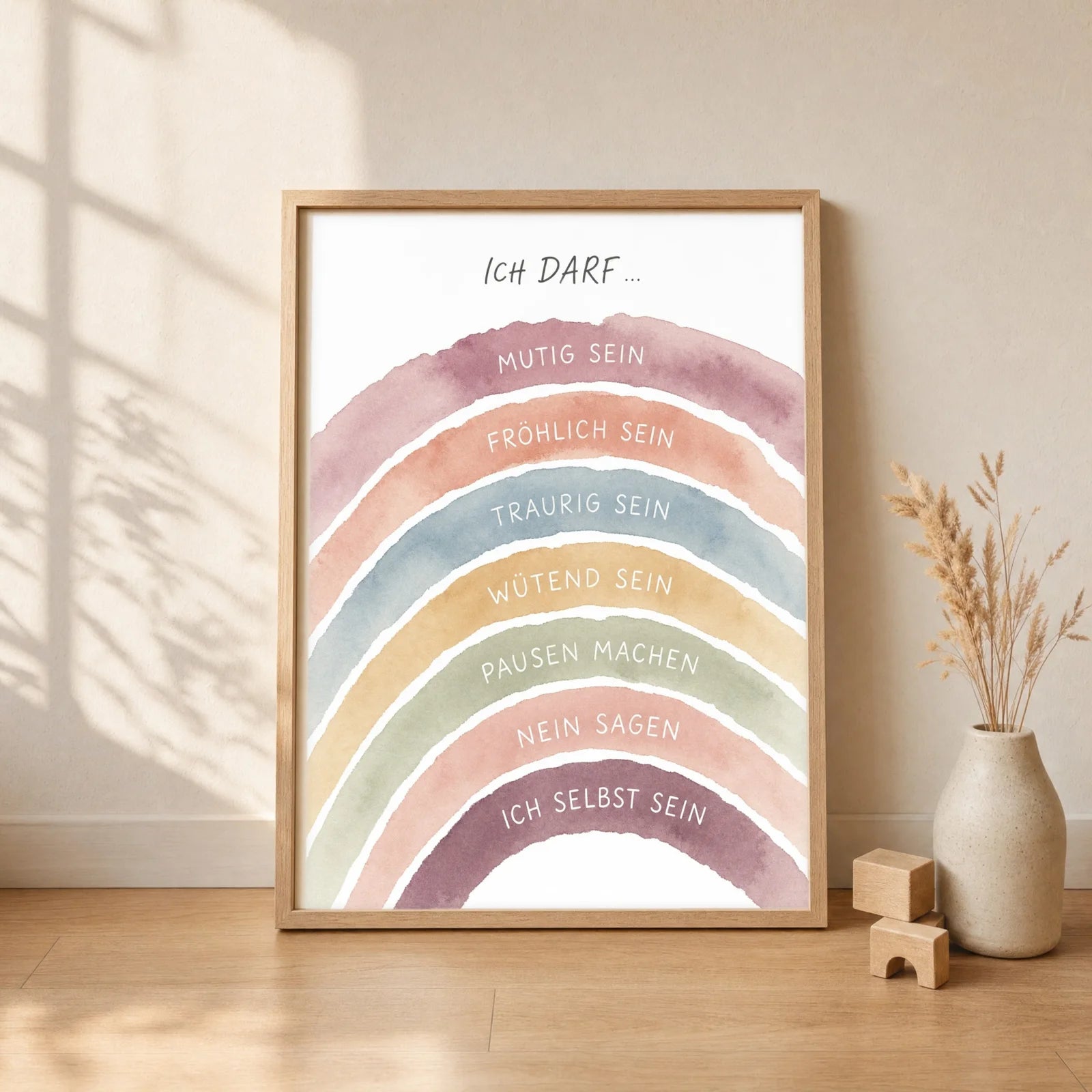 Affirmationsposter Kinderzimmer Regenbogen Ich darf, gerahmt im Format 30 x 40 cm