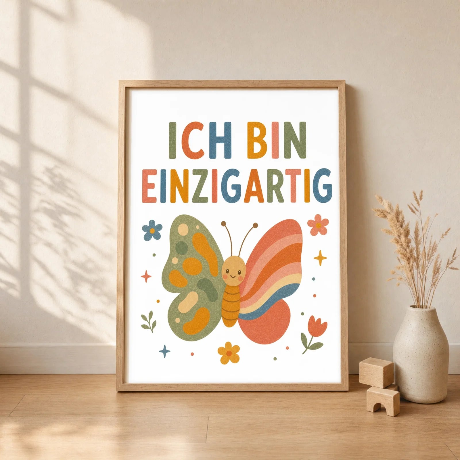 Affirmationsposter Kinderzimmer Schmetterling Ich bin ich, gerahmt im Format 30 x 40 cm